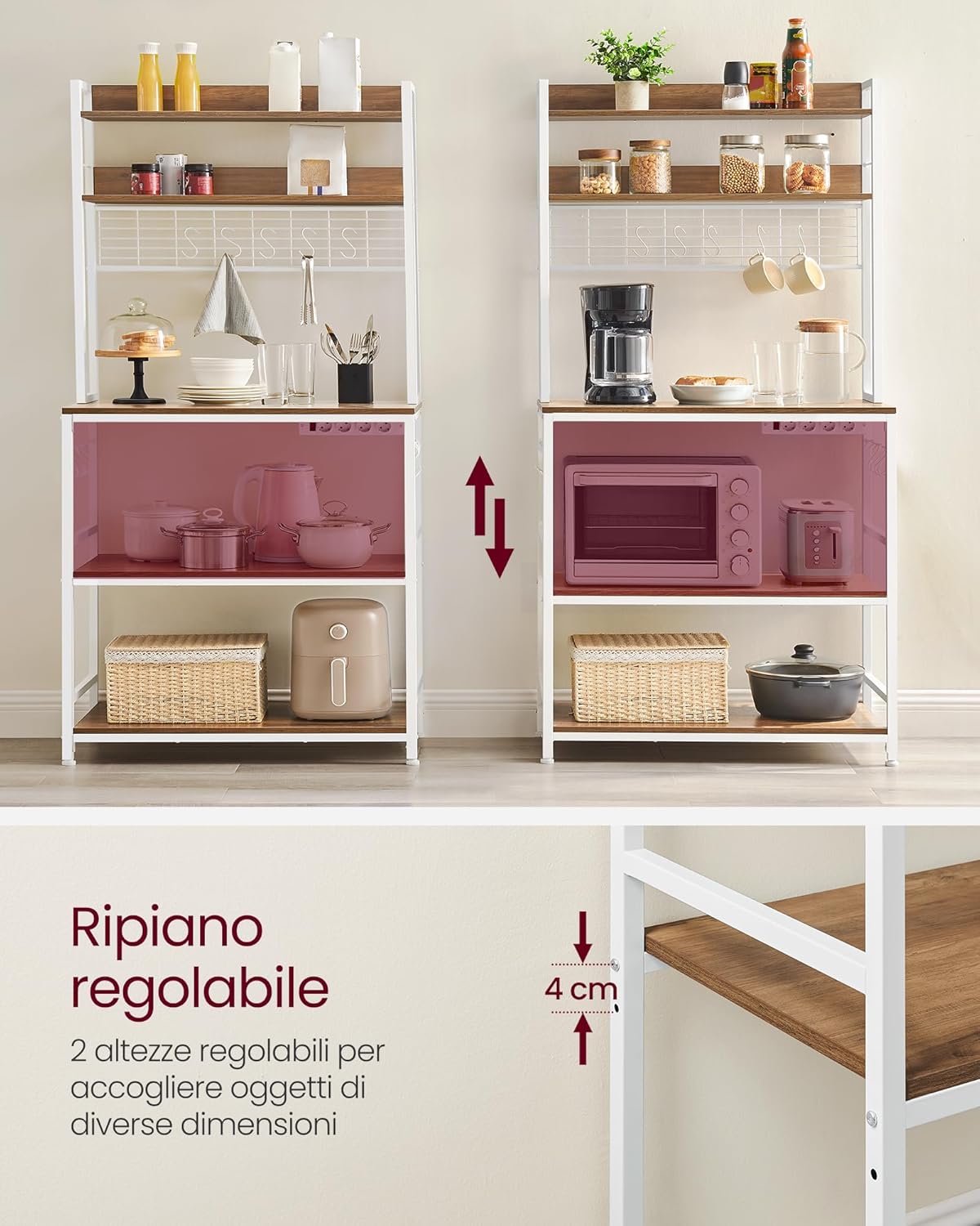 Detalle de VASAGLE Scaffale Cucina con Multipresa KKS025W41EU: versatilità salvaspazio con piano regolabile