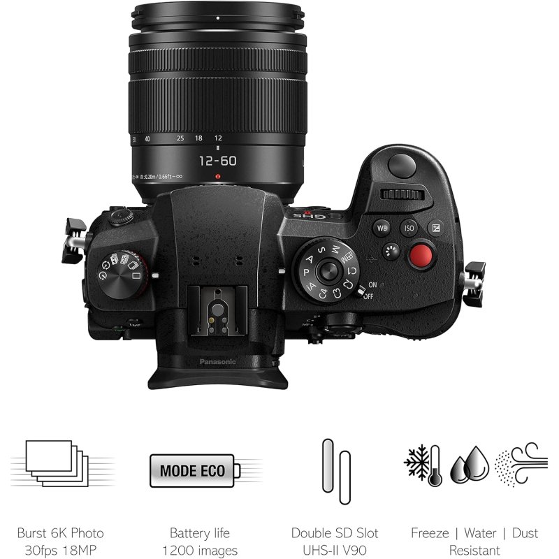 Detalle de Panasonic Lumix GH5M2 cámara Micro 4/3 de 20,3 MP, vídeo 4K y objetivo 12-60 mm