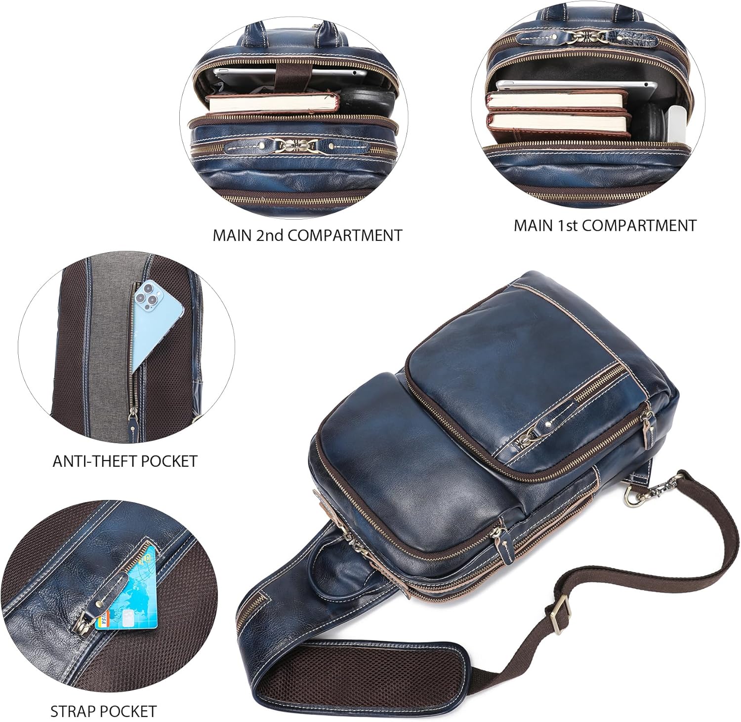 Detalle de LANNSYNE Full Grain Leather Sling Bag for Men – Crossbody Daypack for 12.9" iPad Pro
