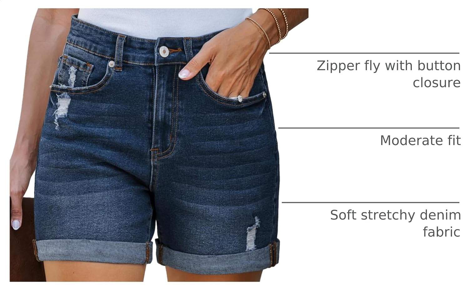 Detalle 2 de LookbookStore Women’s Stretchy High-Waisted Ripped Denim Shorts with Pockets (5.5 in inseam)