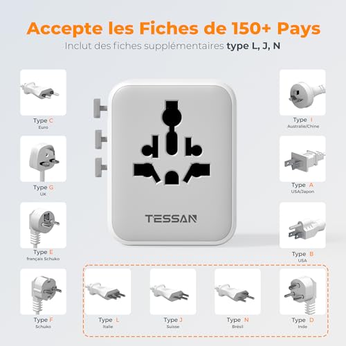 Thumbnail 6 de TESSAN Adaptateur universel de voyage, 3 USB-C, 2 USB-A et 28 W
