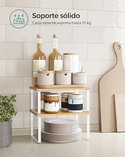 Detalle de SONGMICS Estante para Especias (Juego de 2) – Organizador Extensible con Madera de Ingeniería y Metal, Blanco Nube / Beige Natural