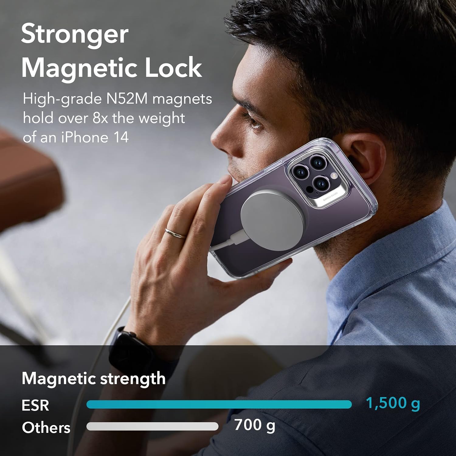Detalle de ESR iPhone 14 Pro magnetic case with camera ring stand (clear) — MagSafe compatible