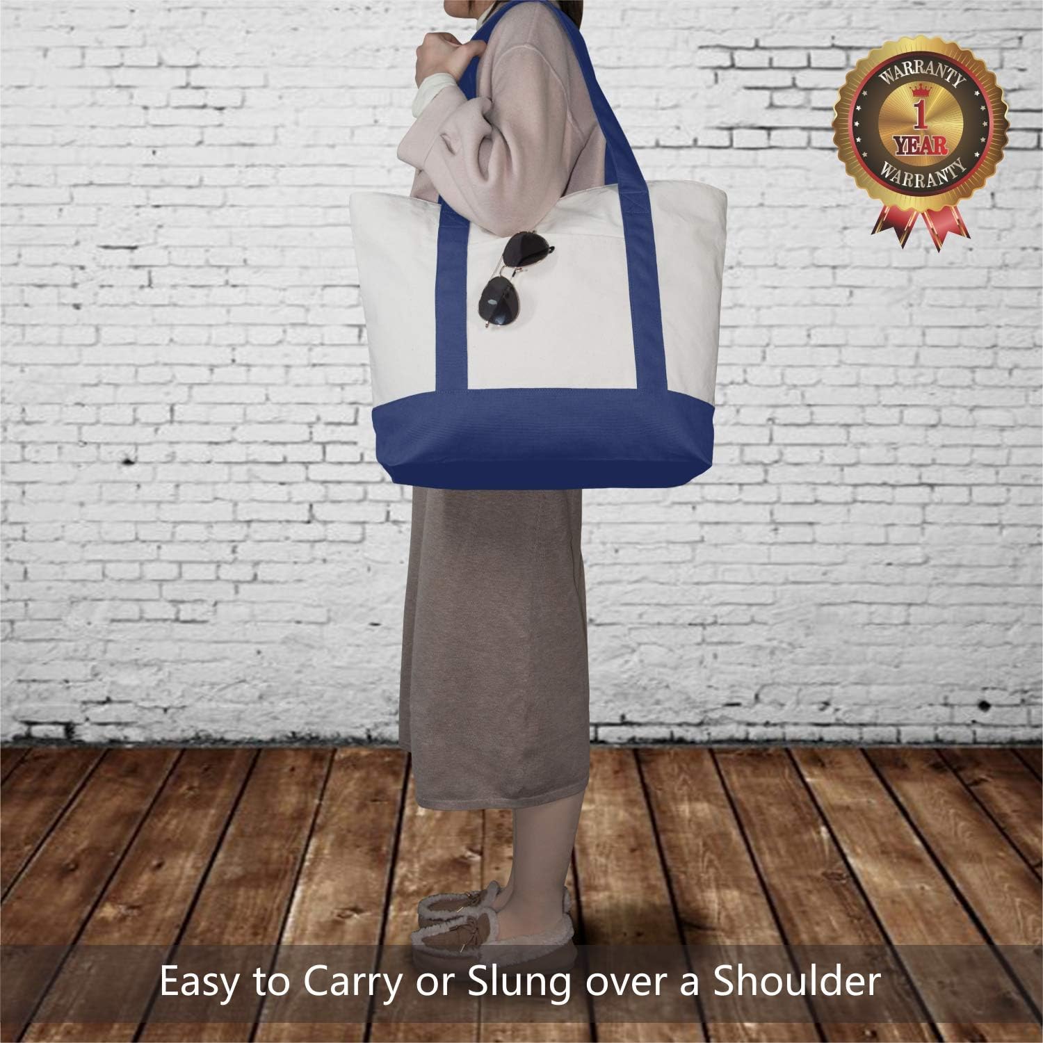 Thumbnail 1 de TOPDesign 30-Pack 12oz Cotton Canvas Reusable Grocery Bags with Exterior Pocket and Top Zipper (Blue/Natural)