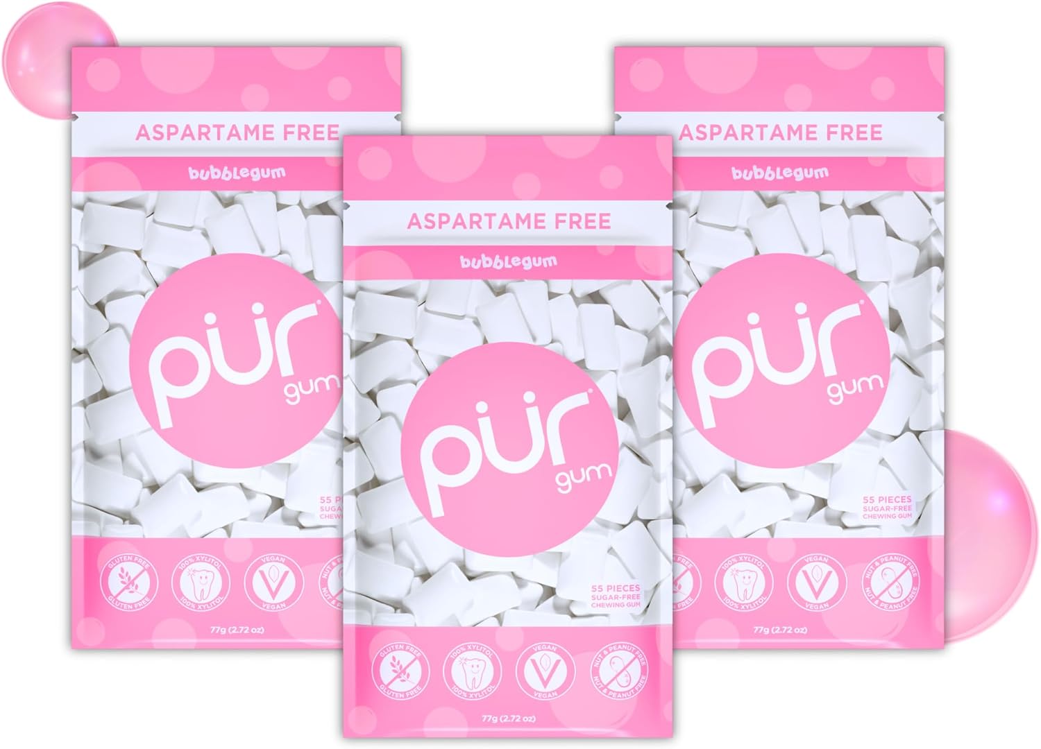 Detalle de PUR Gum: Gomma Da Masticare Senza Zucchero, Bubblegum, 55 pezzi (Confezione da 3) - Vegana e Senza Glutine