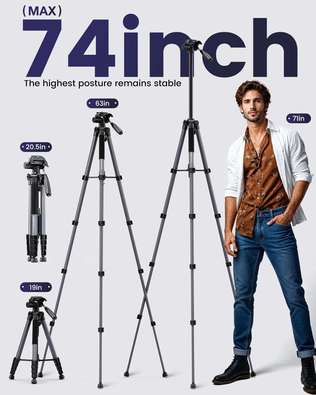Thumbnail 3 de CAMBOFOTO 74″ Aluminum Camera Tripod with 360° Pan Head & Phone Mount