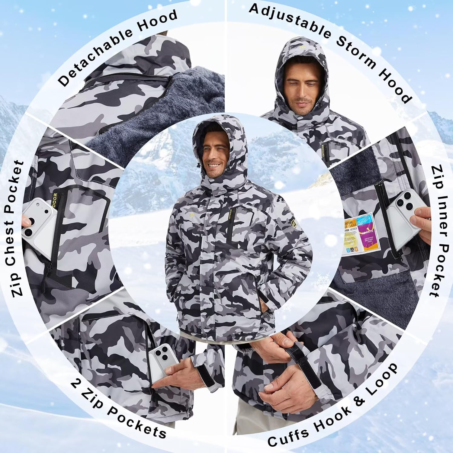 Detalle de QPNGRP Mens Waterproof Ski Jacket
