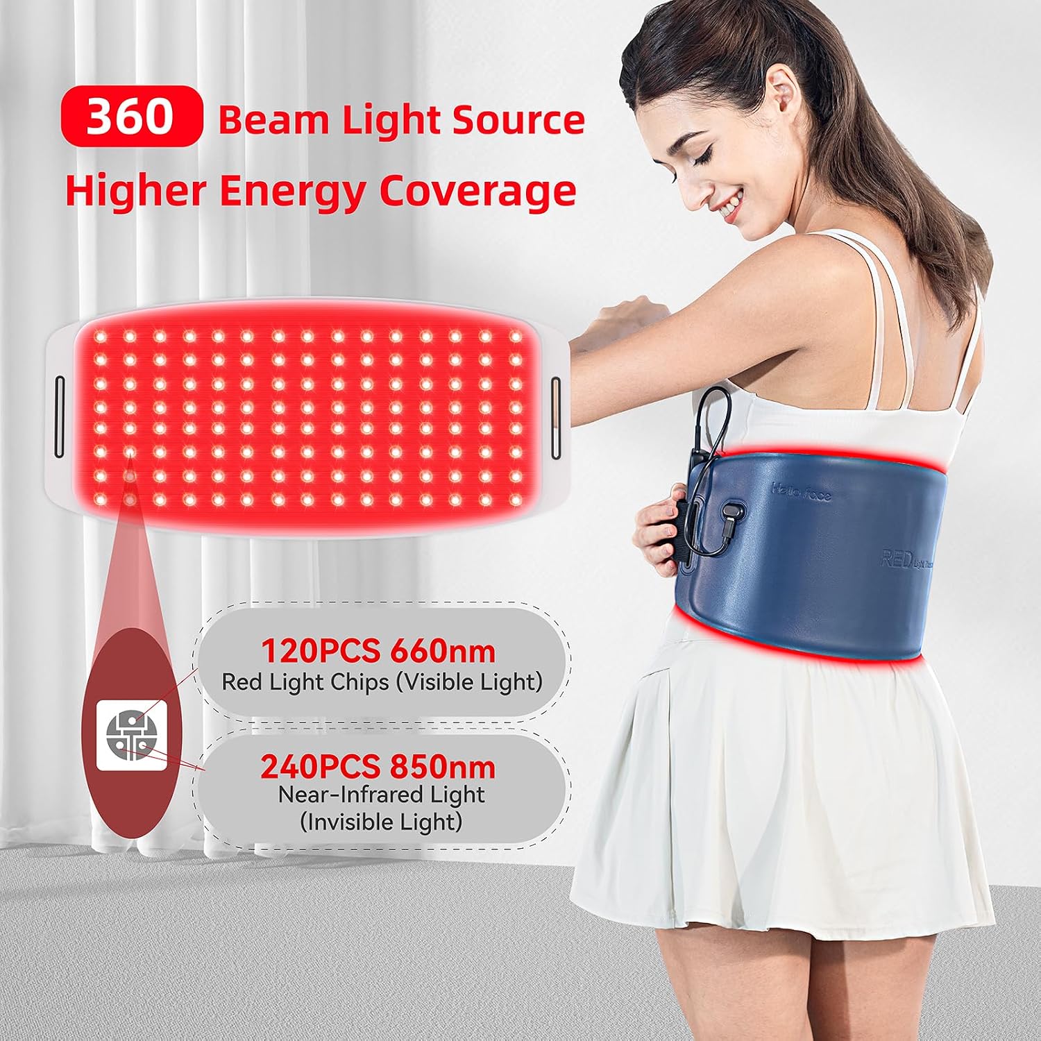 Detalle de Hello Face L120 TriChip™ roodlichttherapieriem met 660 nm en 850 nm LED’s