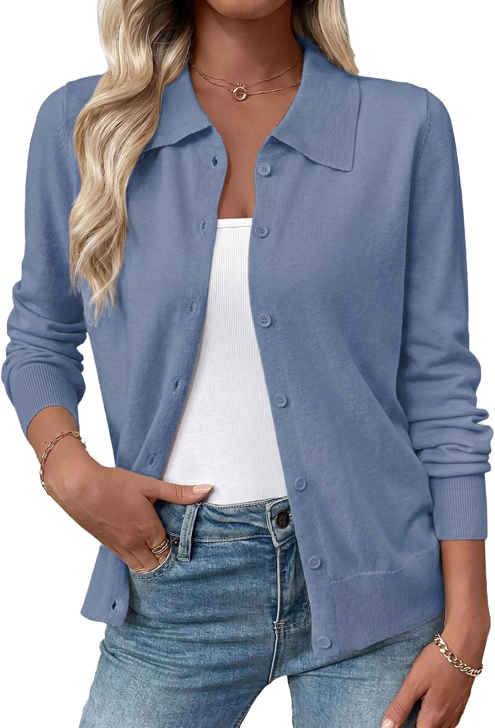 Thumbnail 6 de EVALESS Women’s Wool-Blend Cardigan Sweater (Lightweight, Button-Down Lapel Collar)
