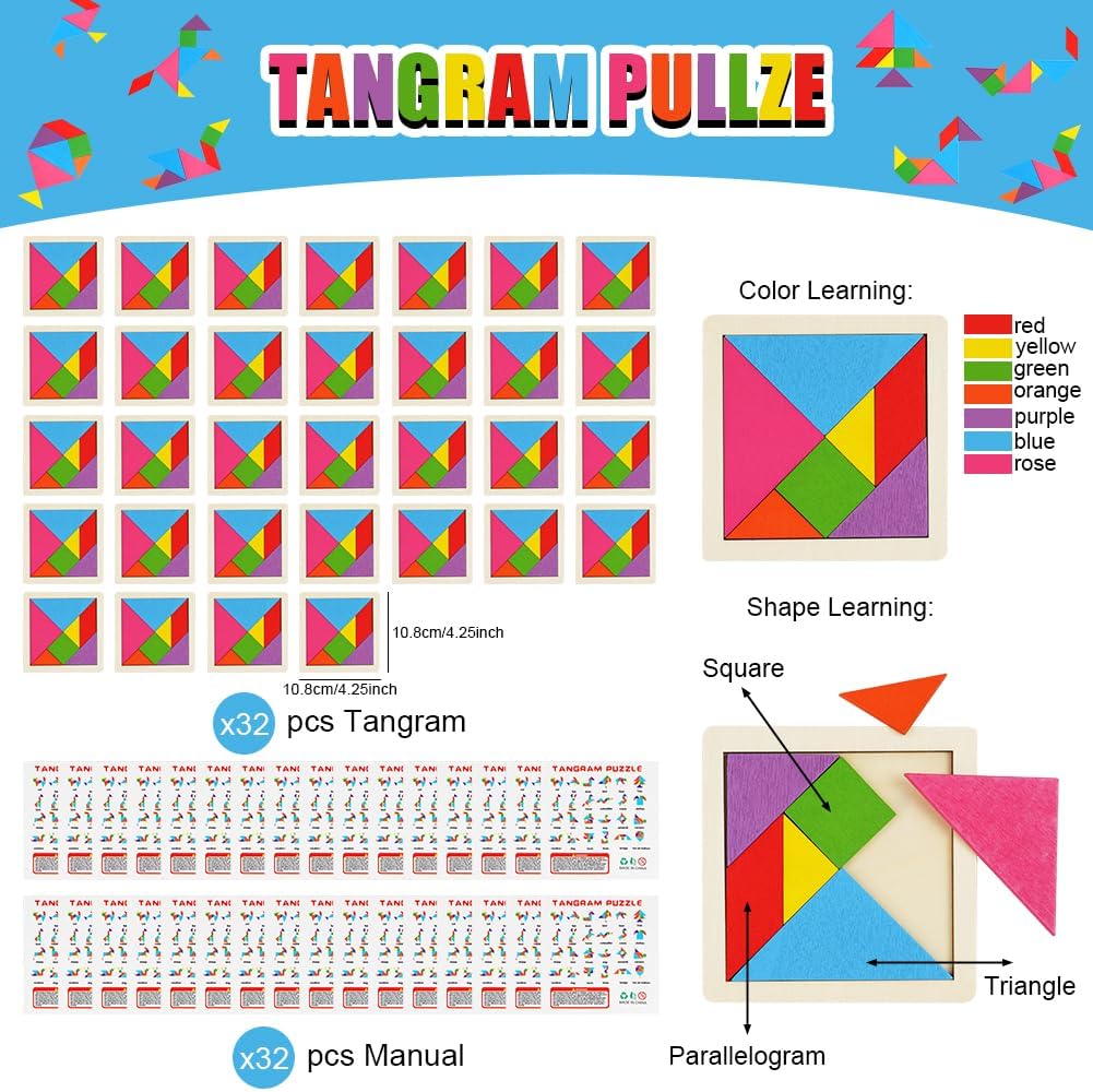 Thumbnail 1 de Ainiv 32Pcs Tangram Puzzles for Kids – Wooden Educational Tangram Game
