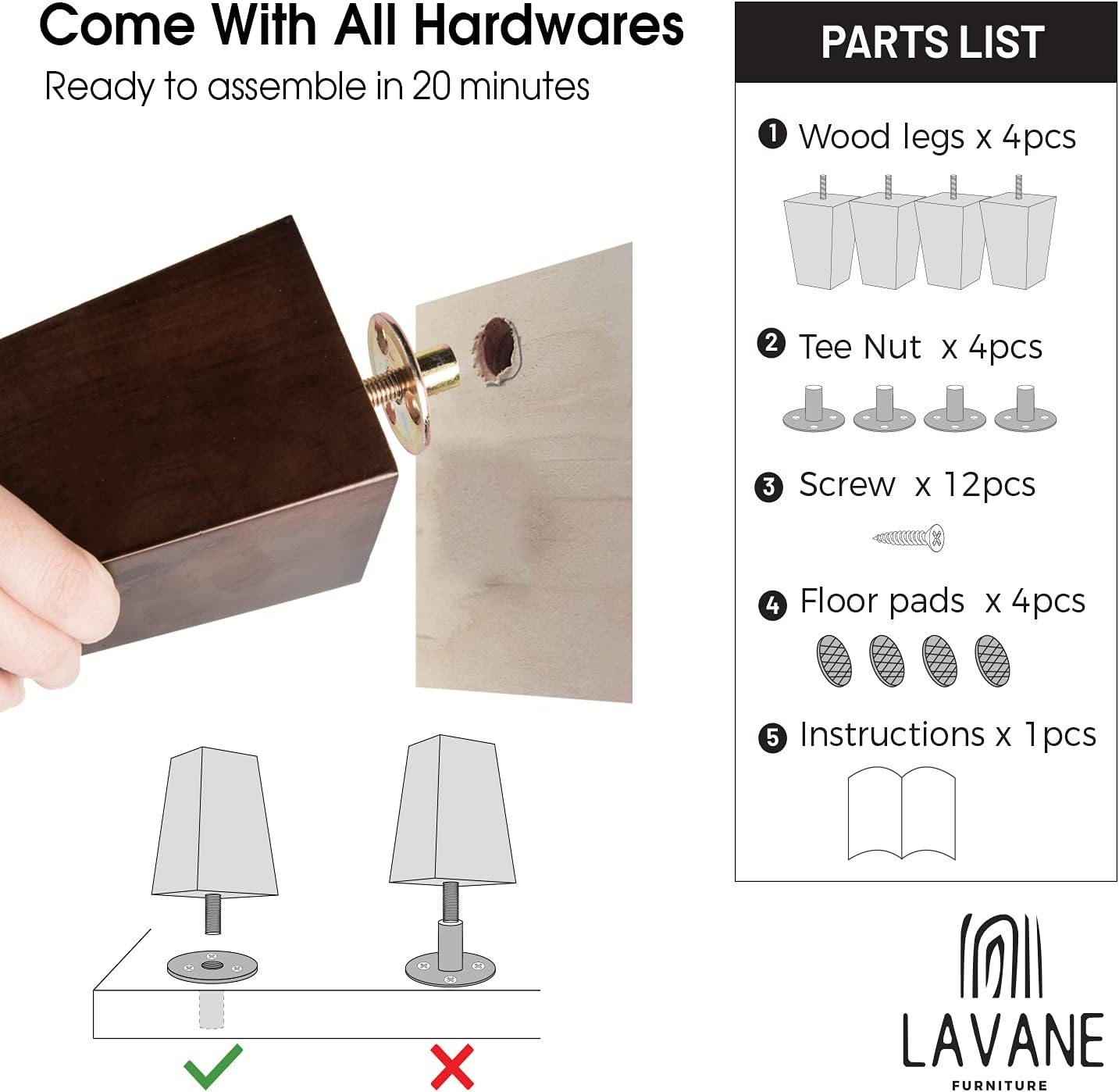 Thumbnail 4 de La Vane 5 Inch Unfinished Solid Wood Furniture Legs (12cm) – 4pcs Spindle Spool Feet with Pre-Drilled M8 Bolt & Mounting Plate