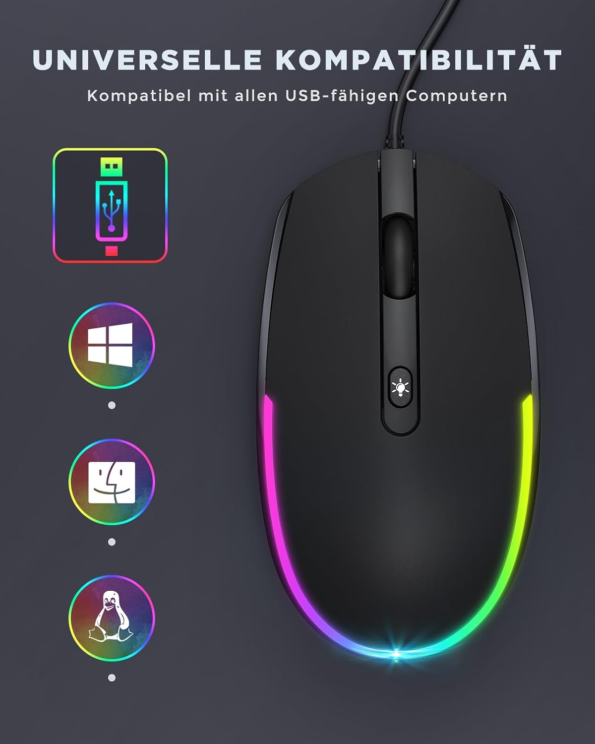 Detalle 2 de seenda Maus mit Kabel (1600 DPI, USB, LIGHTSYNC RGB) für PC/Laptop – Schwarz