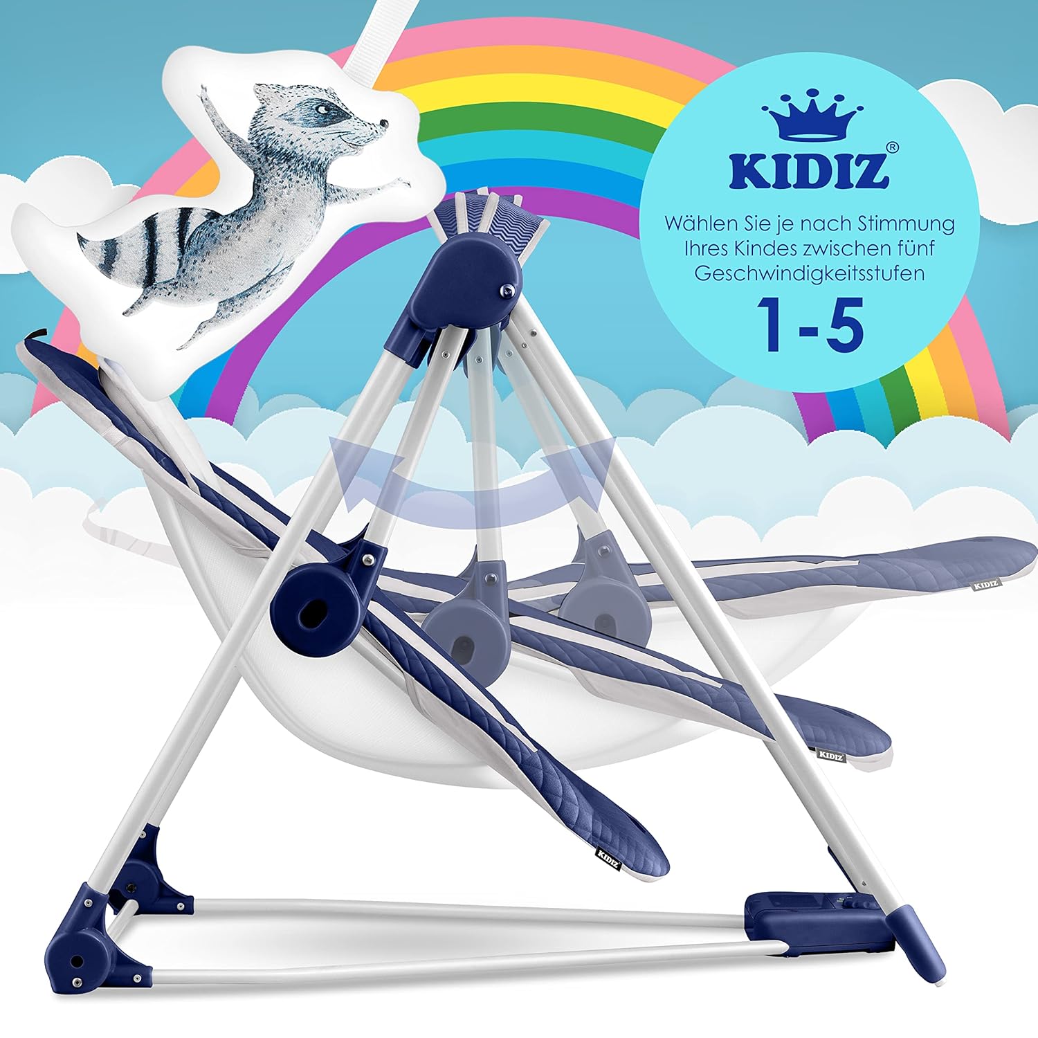 Thumbnail 2 de KIDIZ® Babywippe Babyschaukel mit 5 Geschwindigkeiten, faltbar & Spielbogen, Naturgeräusche (blau)