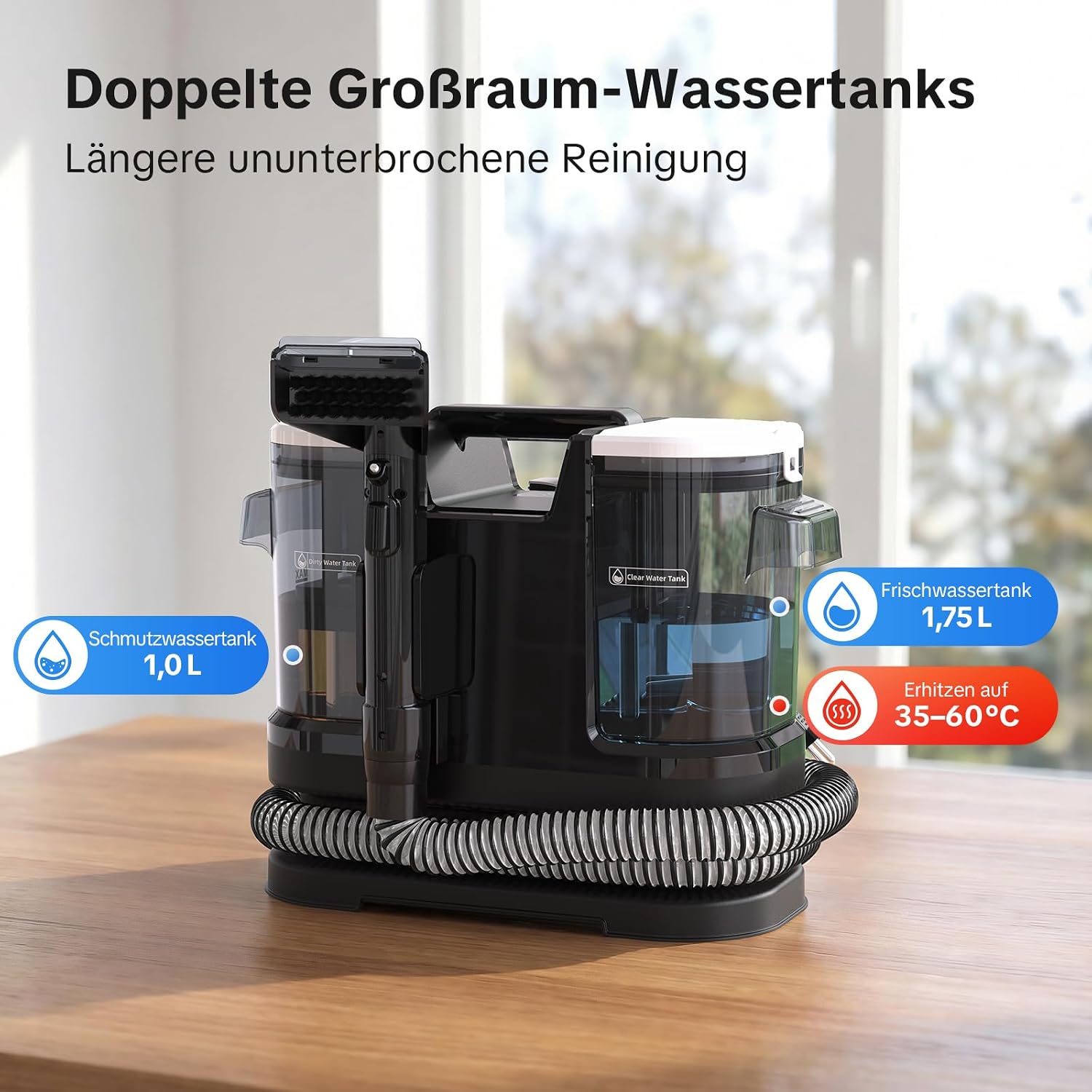 Detalle 2 de Lubluelu Nasssauger Polsterreiniger Gerät – Heißwasser-Tiefenreinigung 18 kPa, 1400 W, 2x 1,75 l Tanks, 5 m Kabel, 1,7 m Schlauch