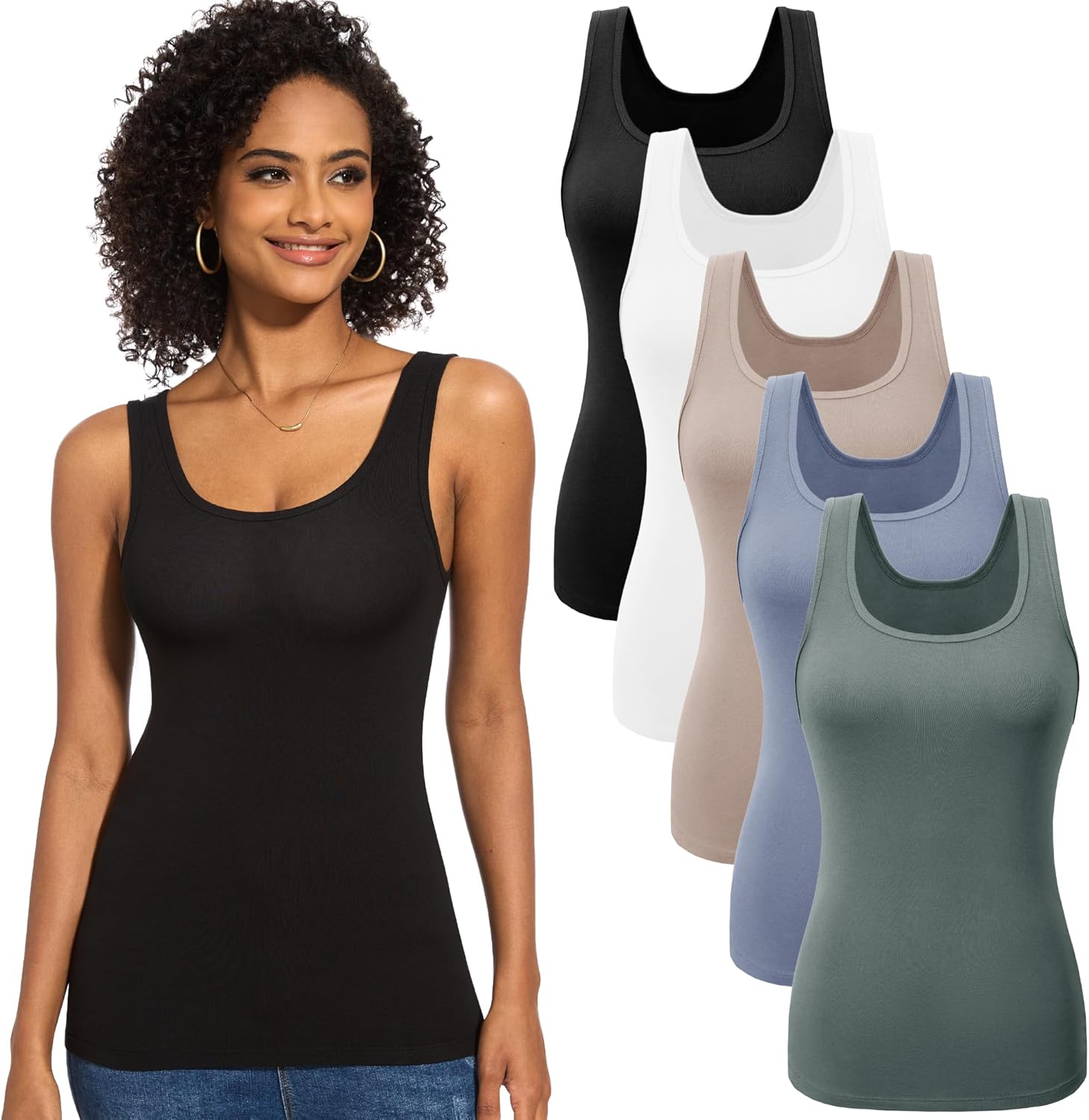Detalle de JOVCOVL 3/5er Pack Damen Unterhemden Basic Tank Top mit U-Ausschnitt – elastisch, Slim-Fit