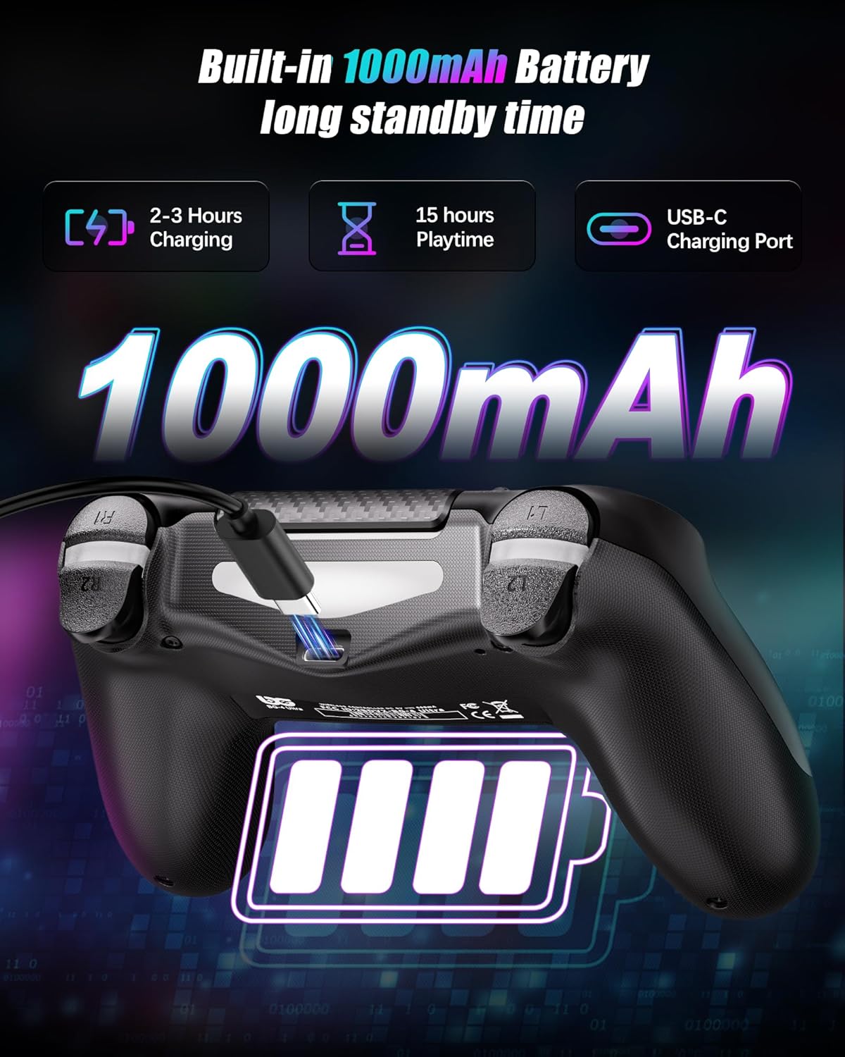 Thumbnail 4 de RUIZHI Controller LED Wireless per PS4 (PS4/Pro/Slim) e PC, 2 pezzi con batteria 1000 mAh e cavo USB‑C, nero e bianco