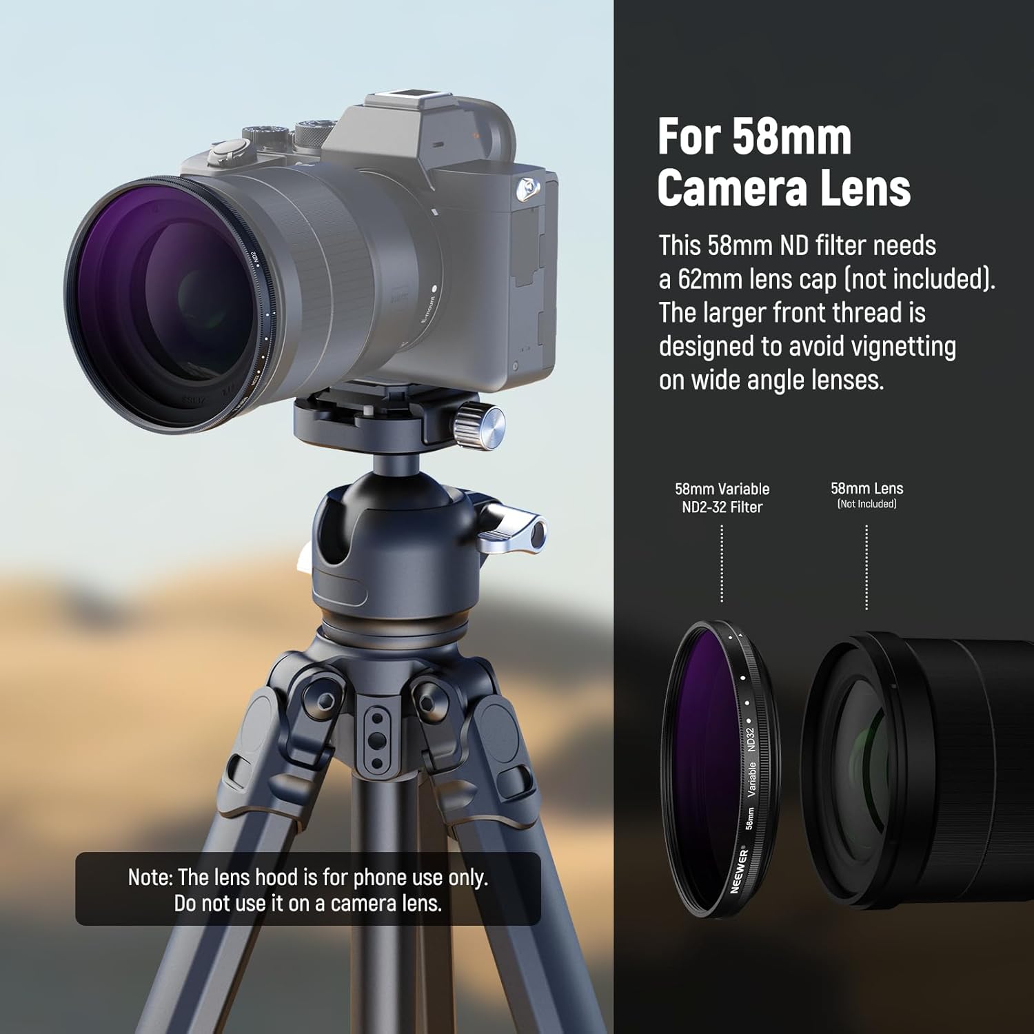 Detalle de NEEWER 58mm Variabler ND Filter mit 62mm Gegenlichtblende – ND2-32, 1–5 Stops, für 58mm Kameralinsen und 65mm Teleobjektiv für Smartphones