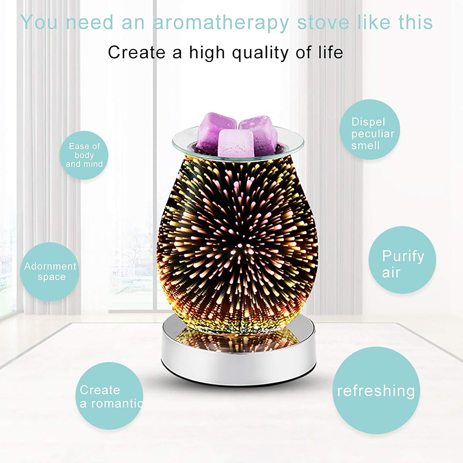 Detalle de Wowlela 215IY0E2JIX15M03UU9FMF aromatherapielamp met 3D-glas en drie lichtstanden