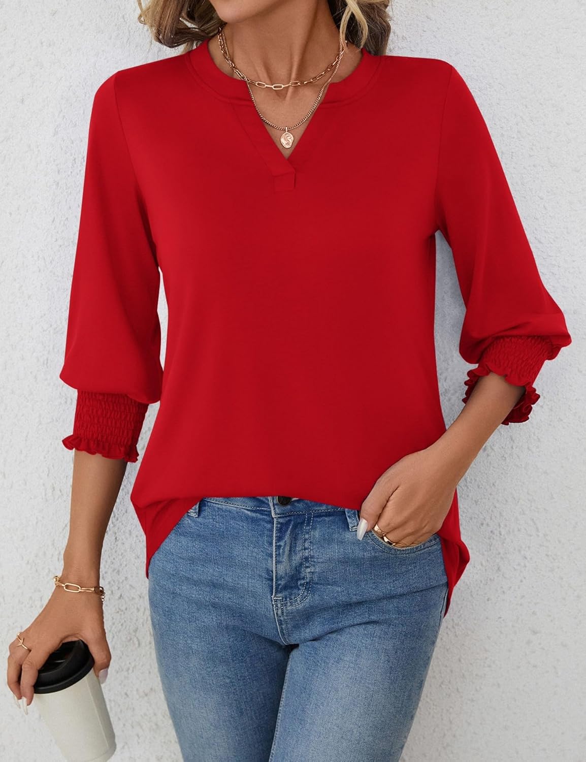 Thumbnail 3 de Rapbin Damen Bluse 3/4 Arm Langarm V-Ausschnitt Tunika Sommer Tops Locker Shirt Elegant Lässig Oberteil Blusen 2026