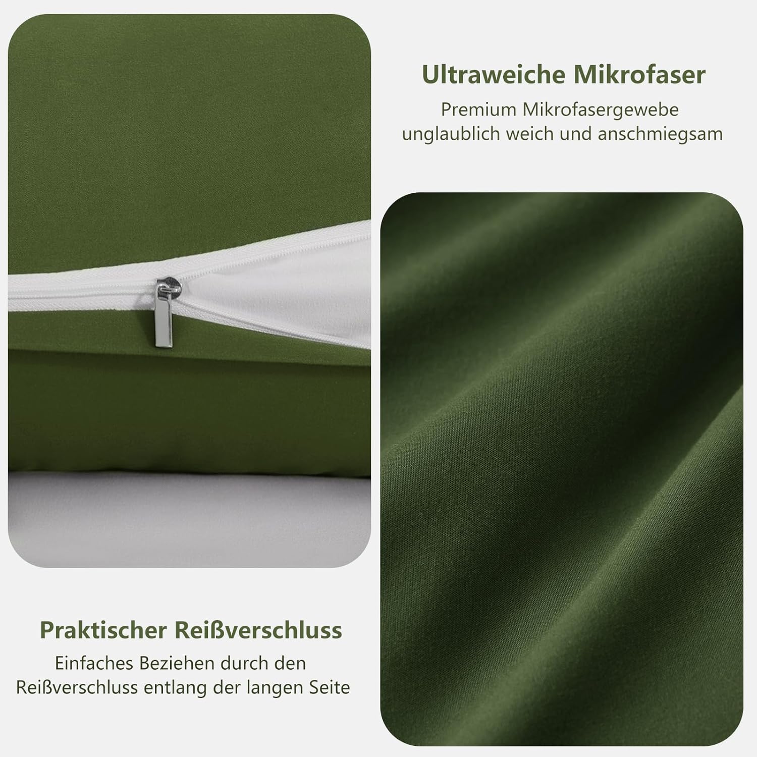 Thumbnail 4 de RUIKASI Kissenbezug 40x145 Olivgrün im 2er-Set – Mikrofaser mit Reißverschluss