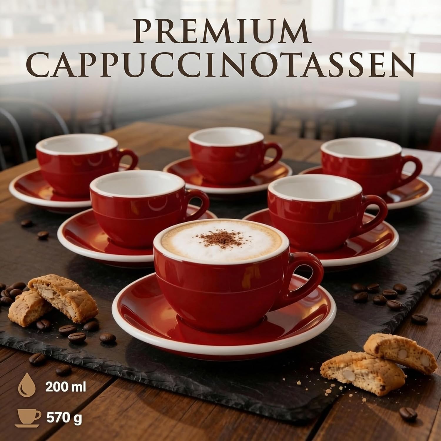 Detalle de MUVELL 6x Cappuccinotassen Rot – Italian Style, spülmaschinenfest, Geschenkset mit Untertassen