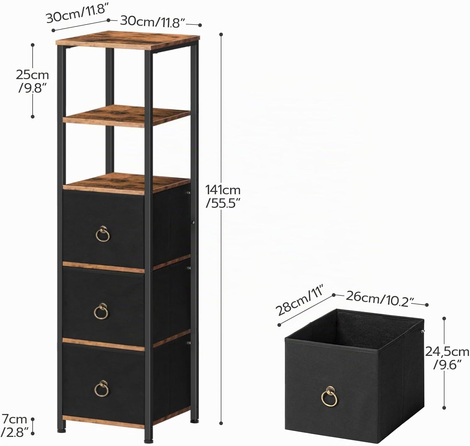 Detalle de HOOBRO Meuble de Salle de Bain – Placard d’Angle 30 x 30 x 141 cm, 3 tiroirs en tissu, style industriel, marron rustique et noir (EBF140CW01)