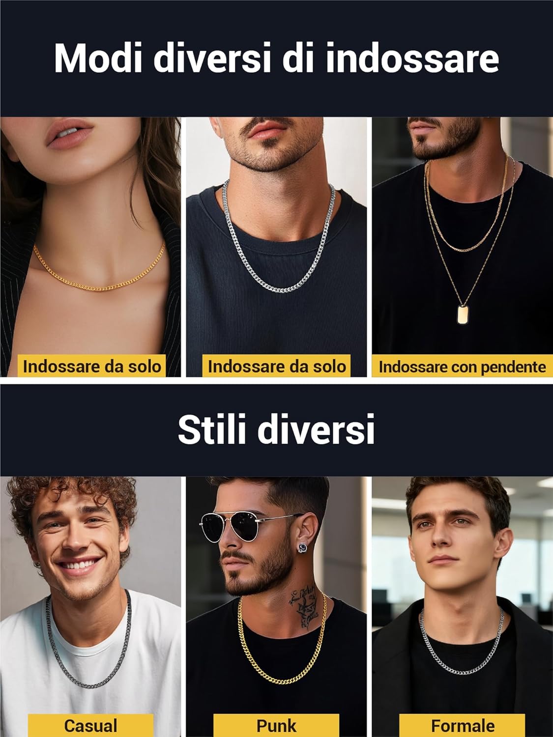Thumbnail 5 de PROSTEEL Collana Uomo Donna a Catena Barbazzale Cubana Hip Hop: acciaio inox, 3 tonalità, lunghezze 35–75 cm