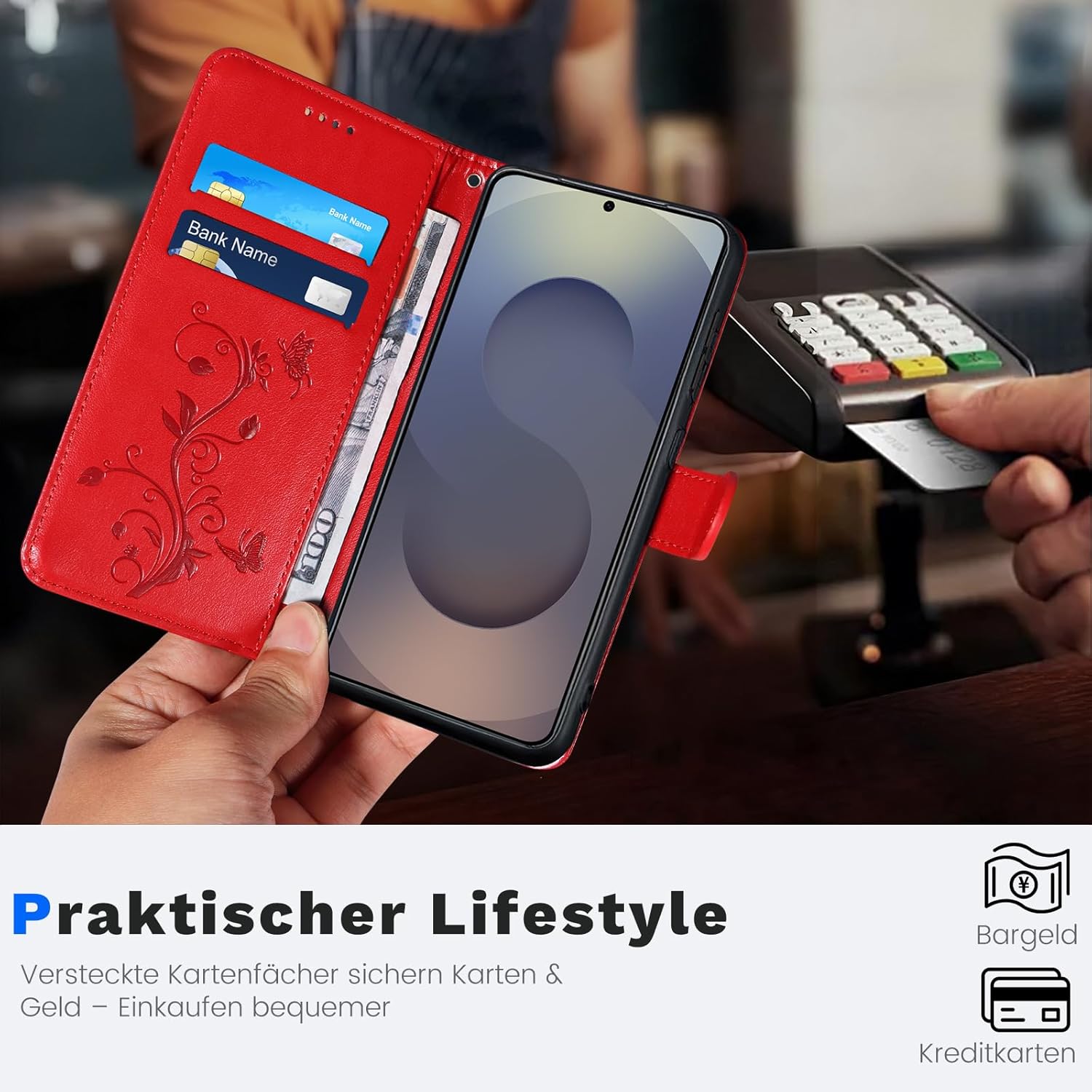 Thumbnail 3 de VANKI Lederhülle für Samsung Galaxy S25 Ultra – Flip Wallet mit Ständer, 3 Kartenfächer, Rot
