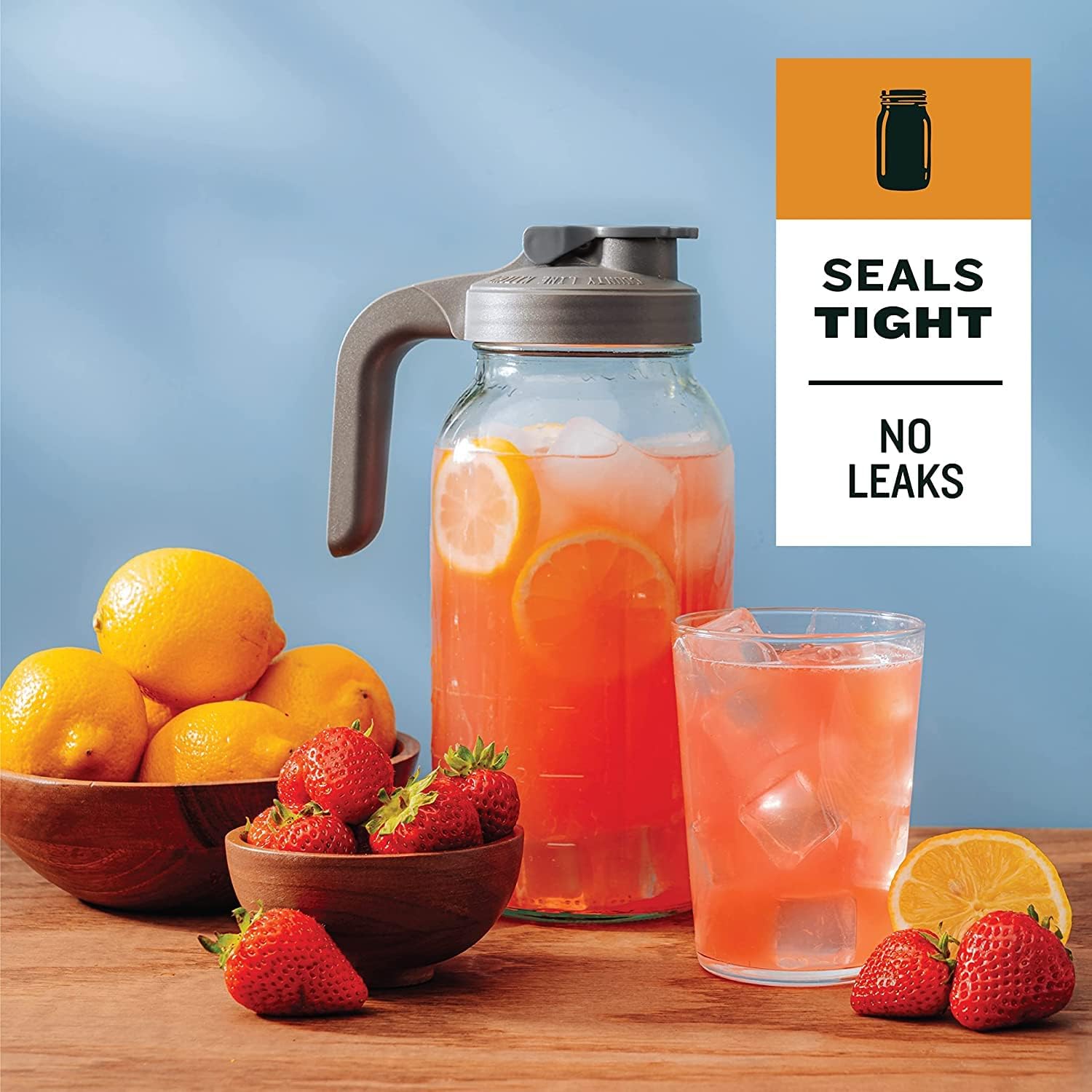 Detalle 2 de County Line Kitchen Glass Mason Jar Pitcher with Lid (Wide Mouth, 2 Quart / 64 oz) – Leak Proof Cold Brew & Sun Tea Pitcher, Gray
