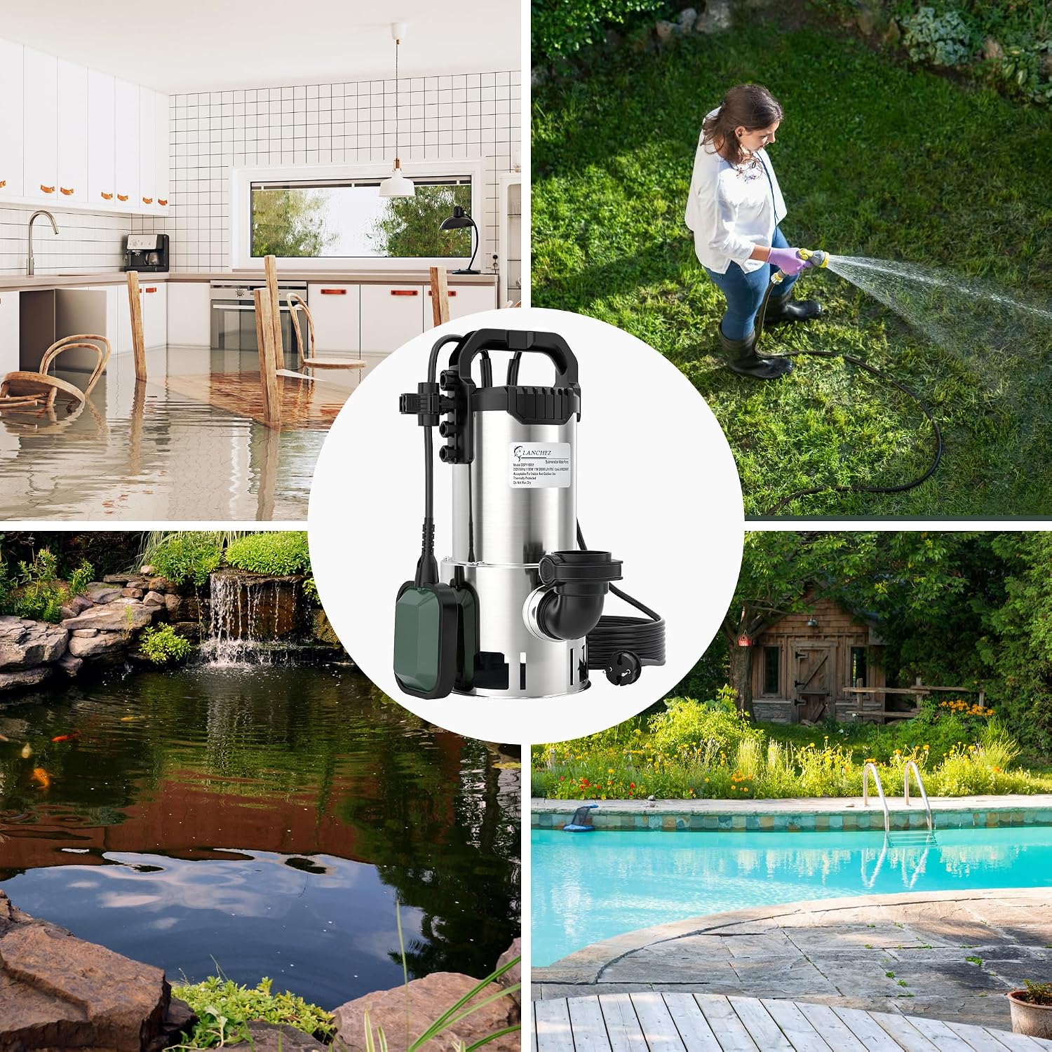 Detalle 2 de LANCHEZ Edelstahl Schmutzwassertauchpumpe 1100W – 20.000 l/h, Förderhöhe 11 m, 35 mm Durchlass