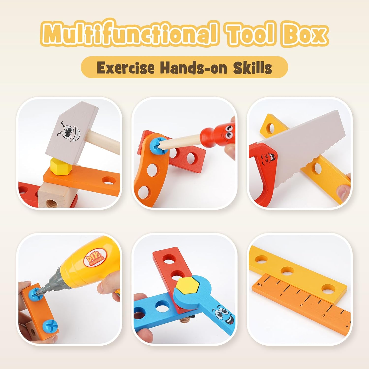 Thumbnail 4 de Kinder Werkzeugkoffer Montessori Holzspielzeug (39-tlg.) ab 3 Jahren – inkl. Akkuschrauber-Spielzeug