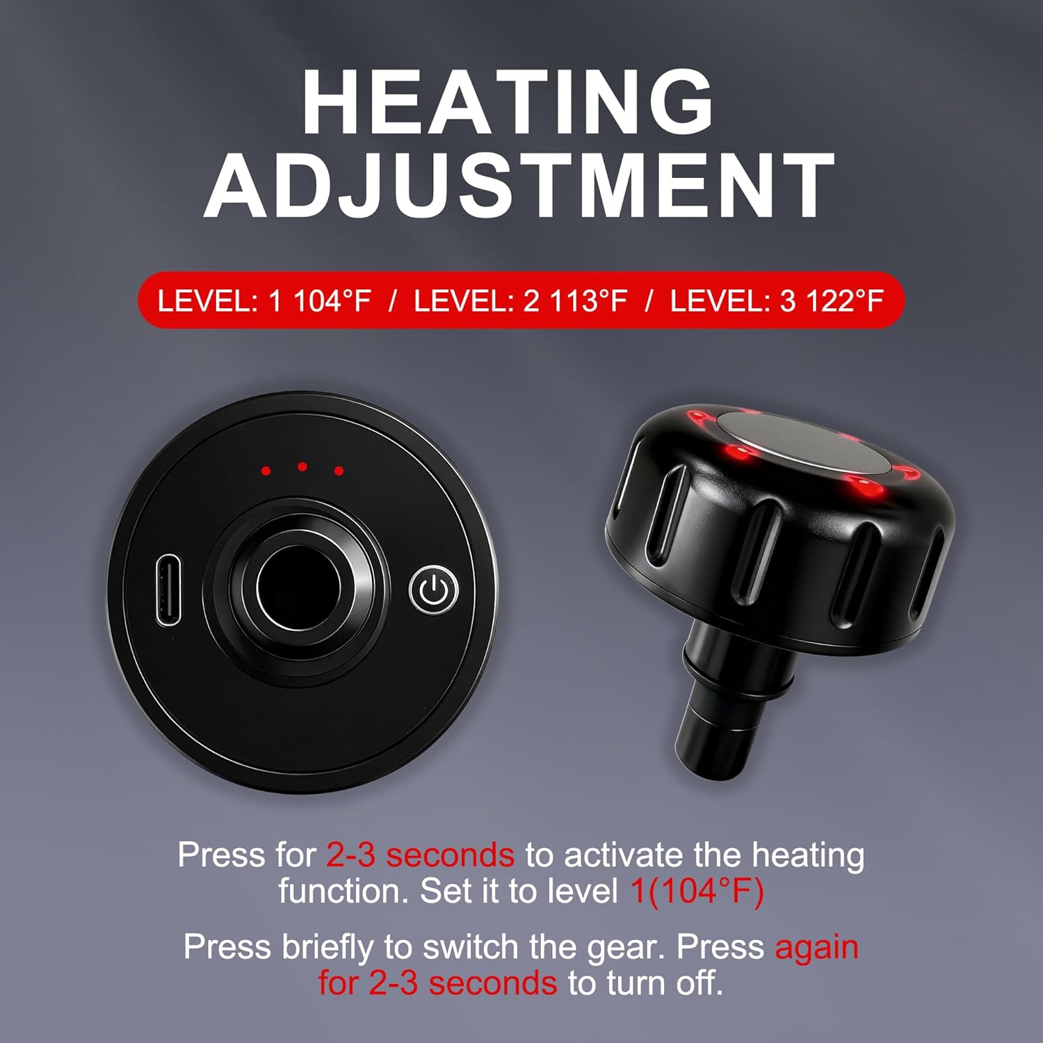 Detalle de LEERCON Heating Head for Small Massage Gun (3-Temp) — 12mm, 15-Min Auto-Off, USB-C Rechargeable