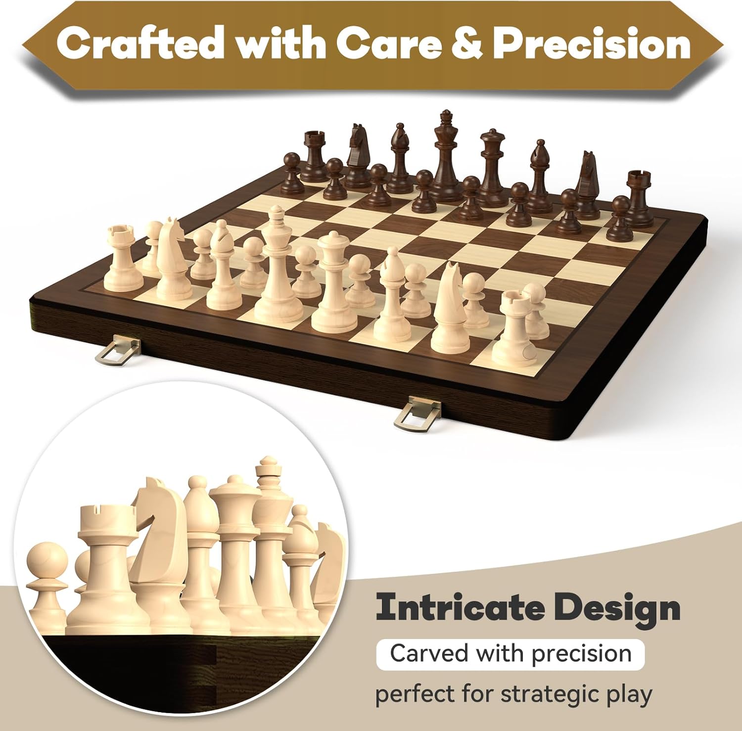 Thumbnail 1 de Puecrof 38 cm Holz Klapp-Schach- und Dame-Set – 2-in-1 Brettspiel mit handgefertigten Figuren