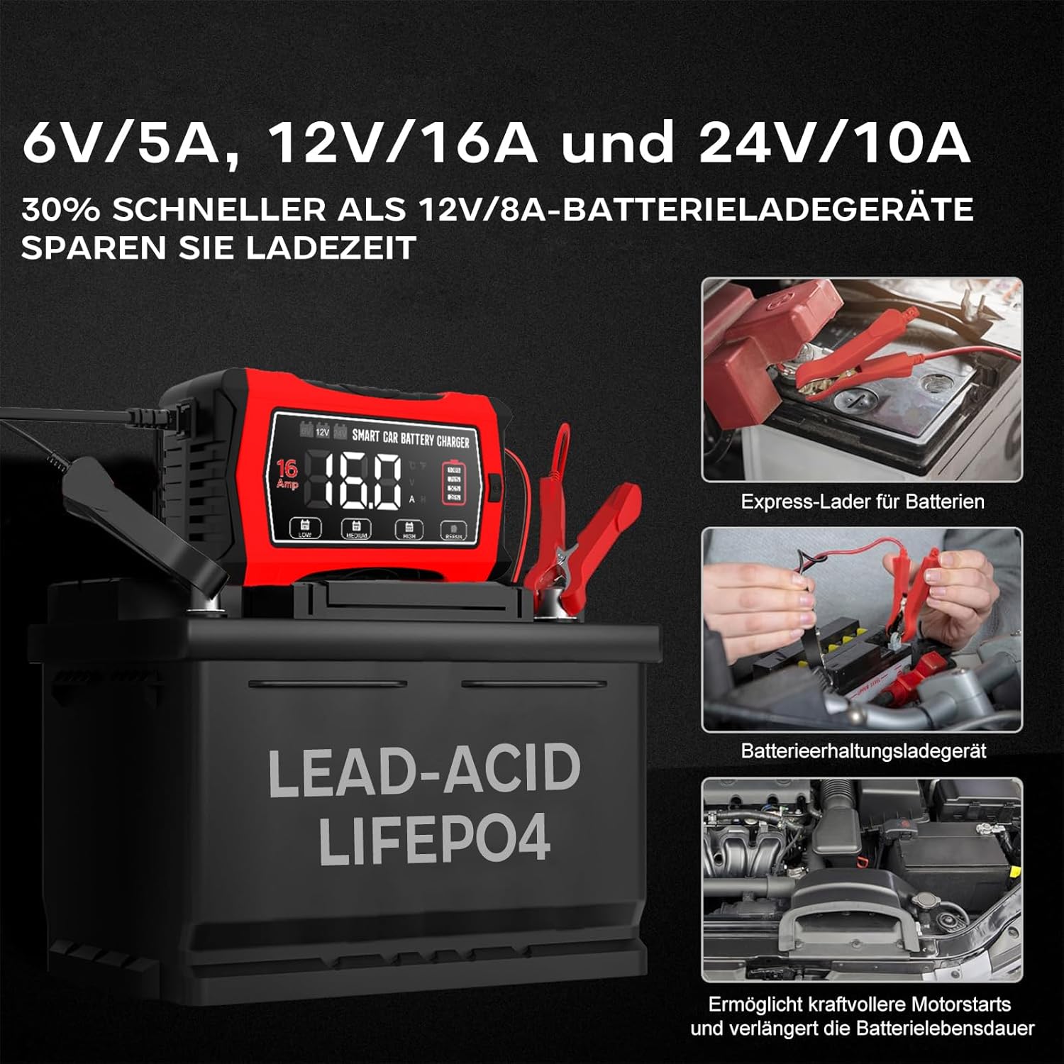 Detalle de Haisito 16A Autobatterieladegerät für 6V/12V/24V mit LCD – Erhaltungsladung & Entsulfatierung für AGM, LiFePO4 und Blei-Säure