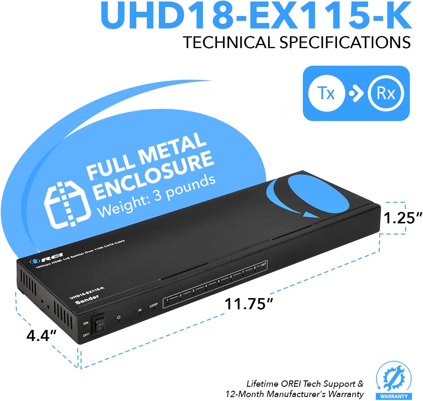 Thumbnail 4 de OREI 4K 1x8 HDMI Extender Splitter (Cat6/7), 4K@60Hz, HDCP 2.2 with IR Remote & EDID Management