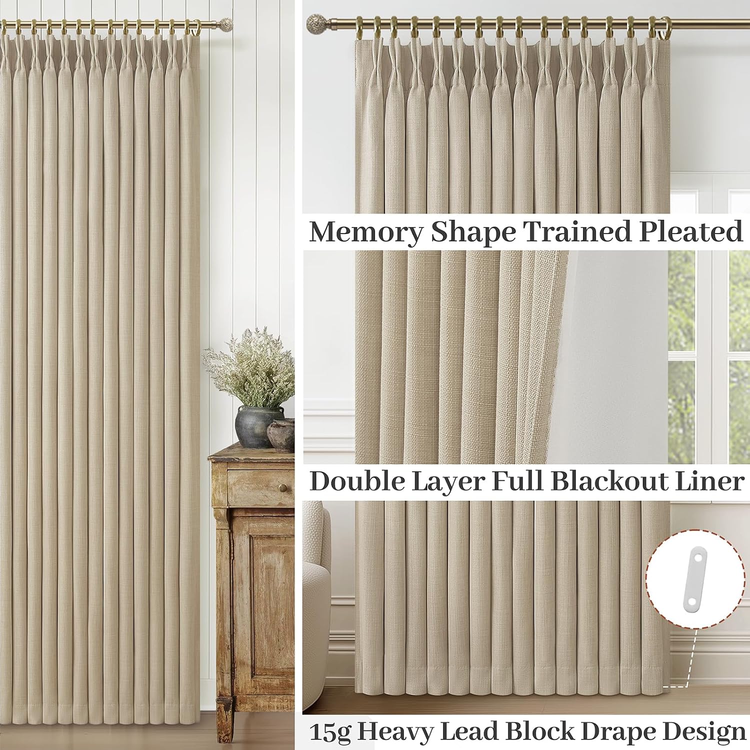 Detalle 2 de LuxuNap Pinch Pleated Linen Blackout Curtains, 40 x 120 in, 2 Panels