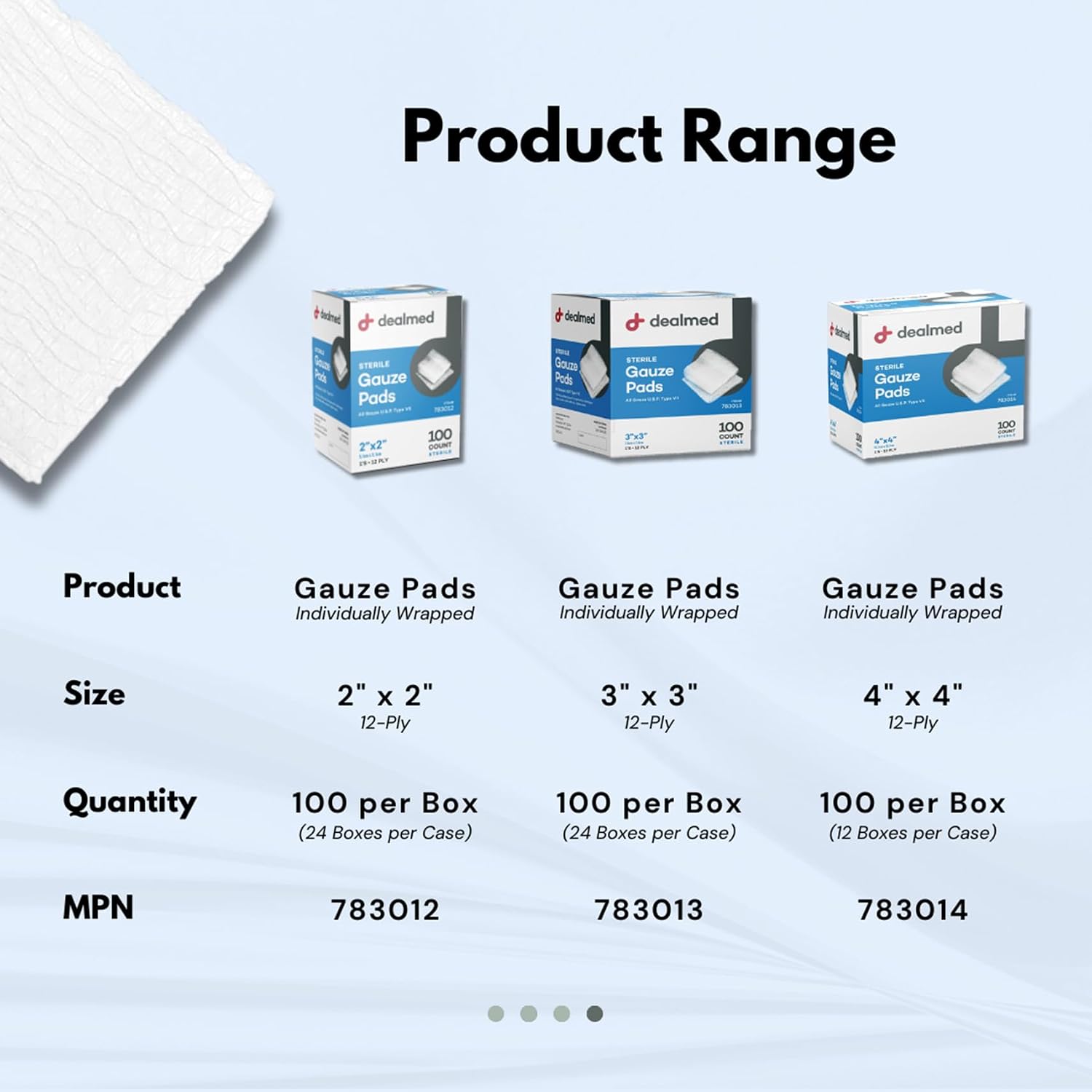 Thumbnail 4 de Dealmed 3” x 3” Sterile Gauze Pads (100 Count) — Disposable, Individually Wrapped Wound Care Dressings