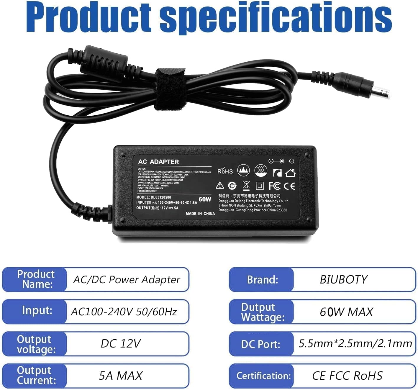 Detalle 2 de BIUBOTY 12V 5A voedingsadapter, 60 W, 5,5 x 2,5 mm