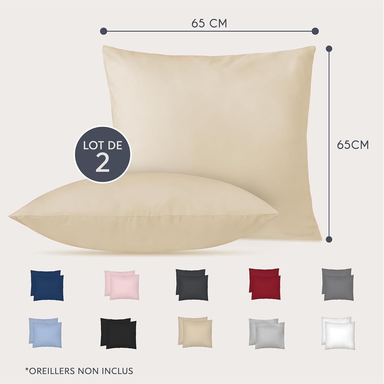 Thumbnail 2 de Dreamzie Taie d’oreiller 65x65 cm en microfibre (lot de 2) beige, fermeture éclair certifiée Oeko-Tex