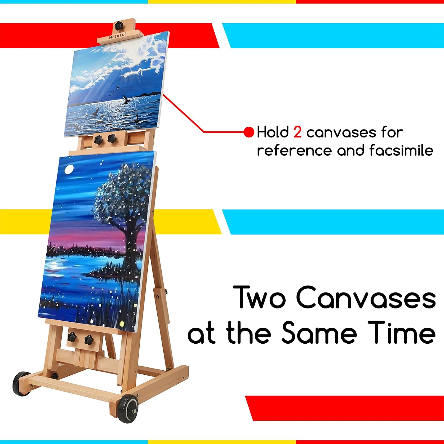 Detalle 2 de MEEDEN W14 H-Frame Studio Easel, Adjustable Beech Wood with Tilting Angle and Wheels