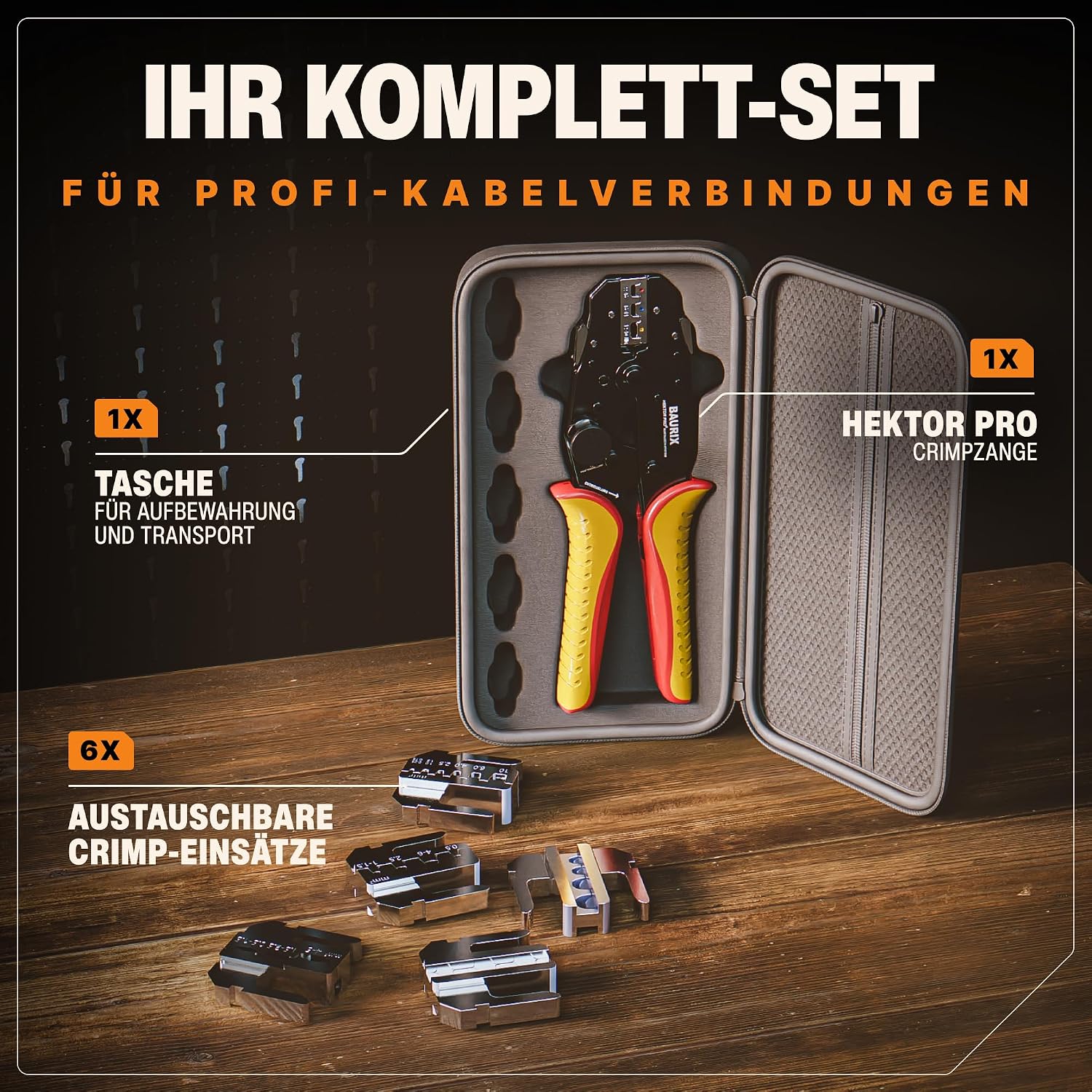 Detalle de BAURIX® Crimpzange mit 6 Wechselbacken – All-In-One Elektriker Werkzeug für Kabelschuhe, Flachsteckhülsen & Aderendhülsen