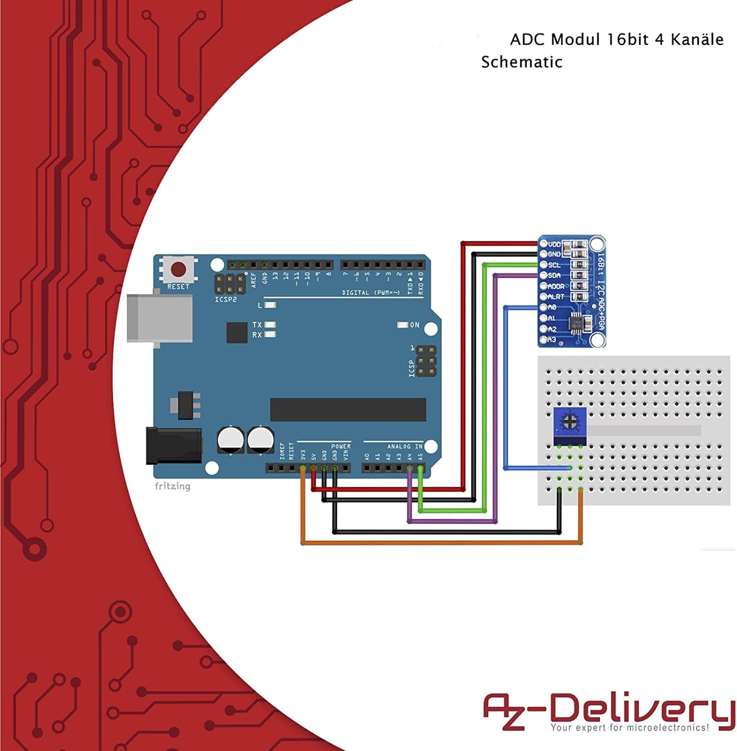 Thumbnail 3 de AZDelivery lot de 5 modules ADC compatibles ADS1115 (16 bits, 4 canaux) en I2C pour Arduino et Raspberry Pi