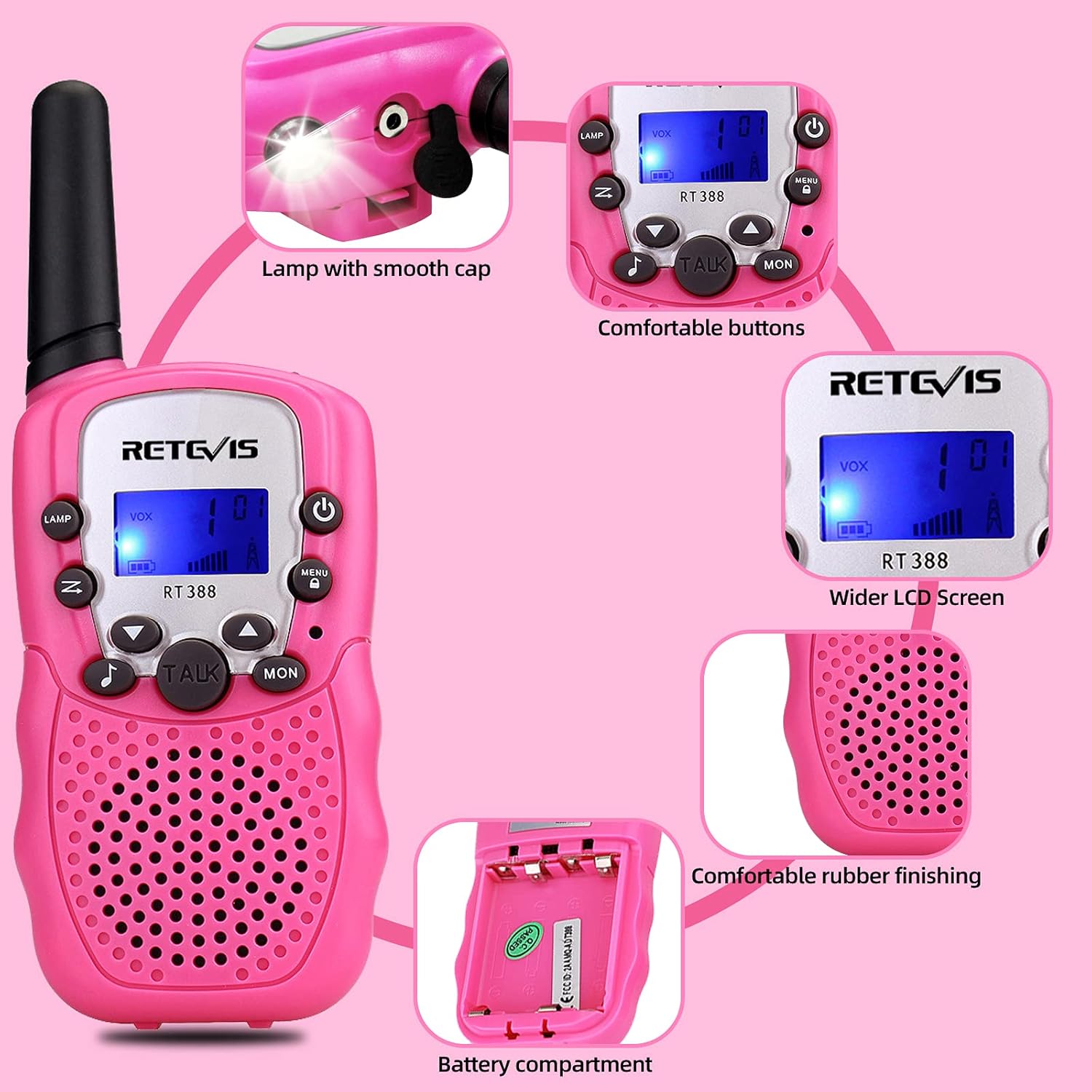 Detalle de Retevis RT388 talkie-walkie enfants (rose) – portée longue, 8 canaux et 99 codes de confidentialité