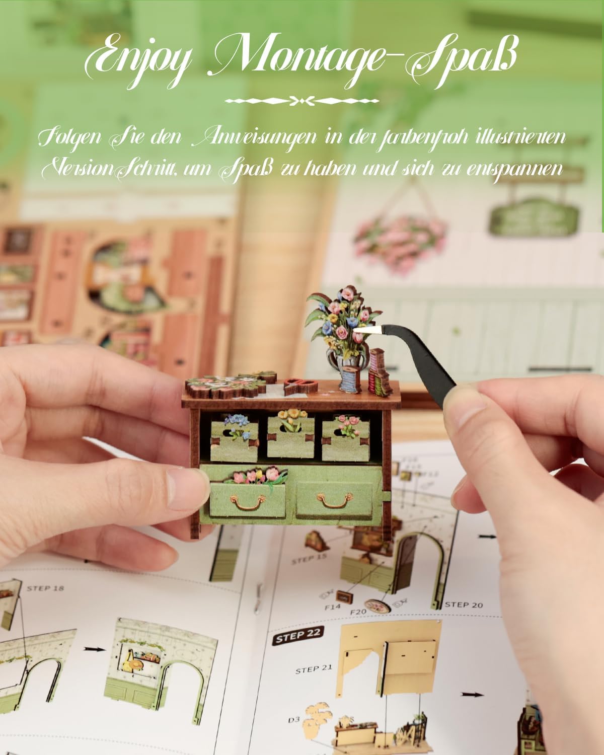 Detalle de Cutefun Book Nook „Champs-Élysées Florist“ – DIY Miniatur-Bausatz für Erwachsene (3D-Holzpuzzle)