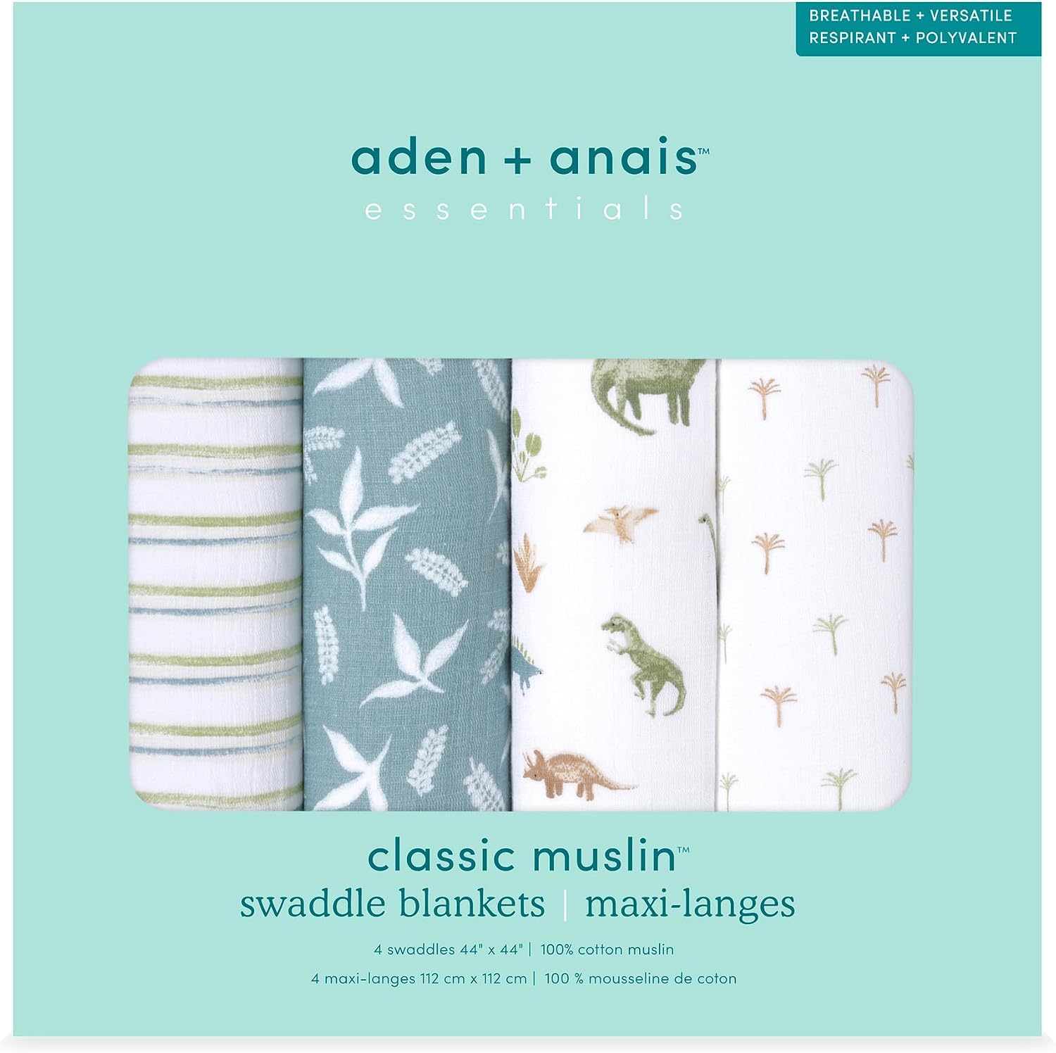 Detalle de aden + anais essentials SWADAEESWC40030 おくるみ4枚セット dino jungle・モスリンコットン
