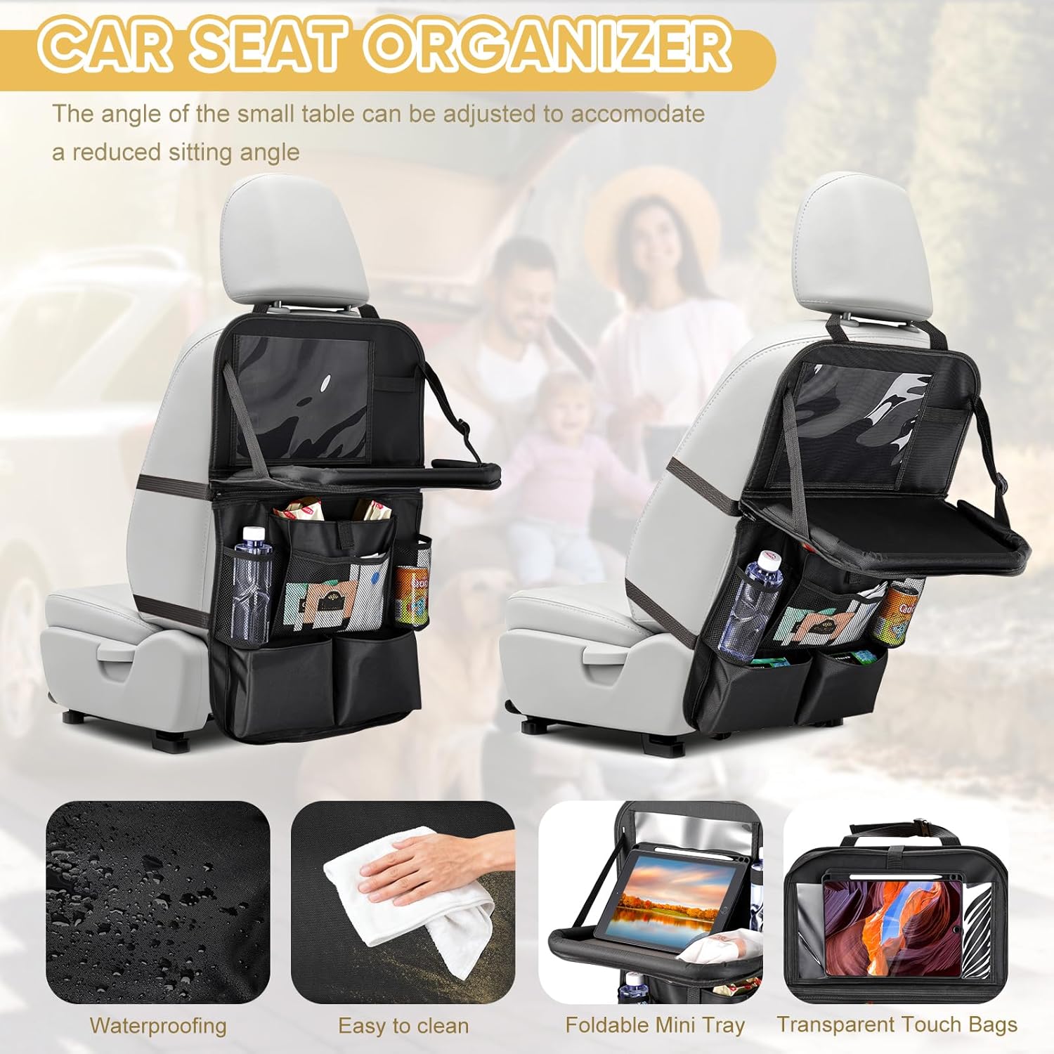 Detalle de Rilime Car Seat Organiser (2-Pack) with Foldable Table Tray and Tablet Holder
