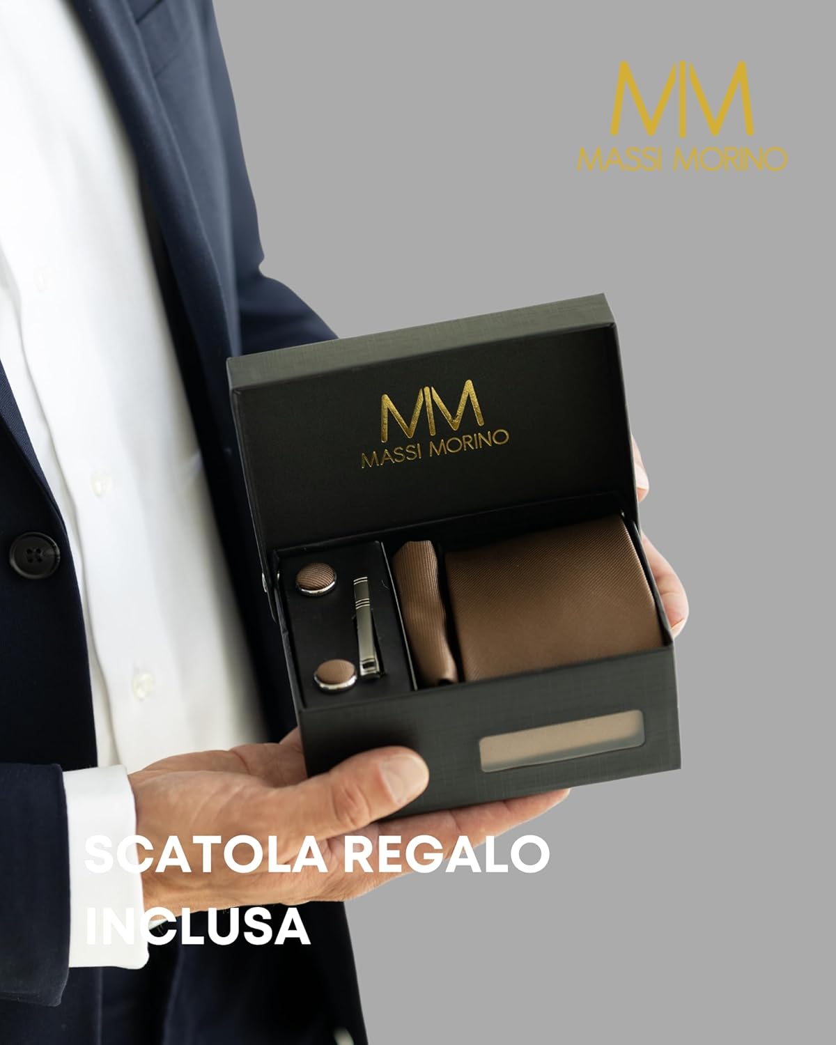 Thumbnail 4 de Massi Morino set cravatta e fazzoletto da uomo con gemelli e fermacravatta in confezione regalo