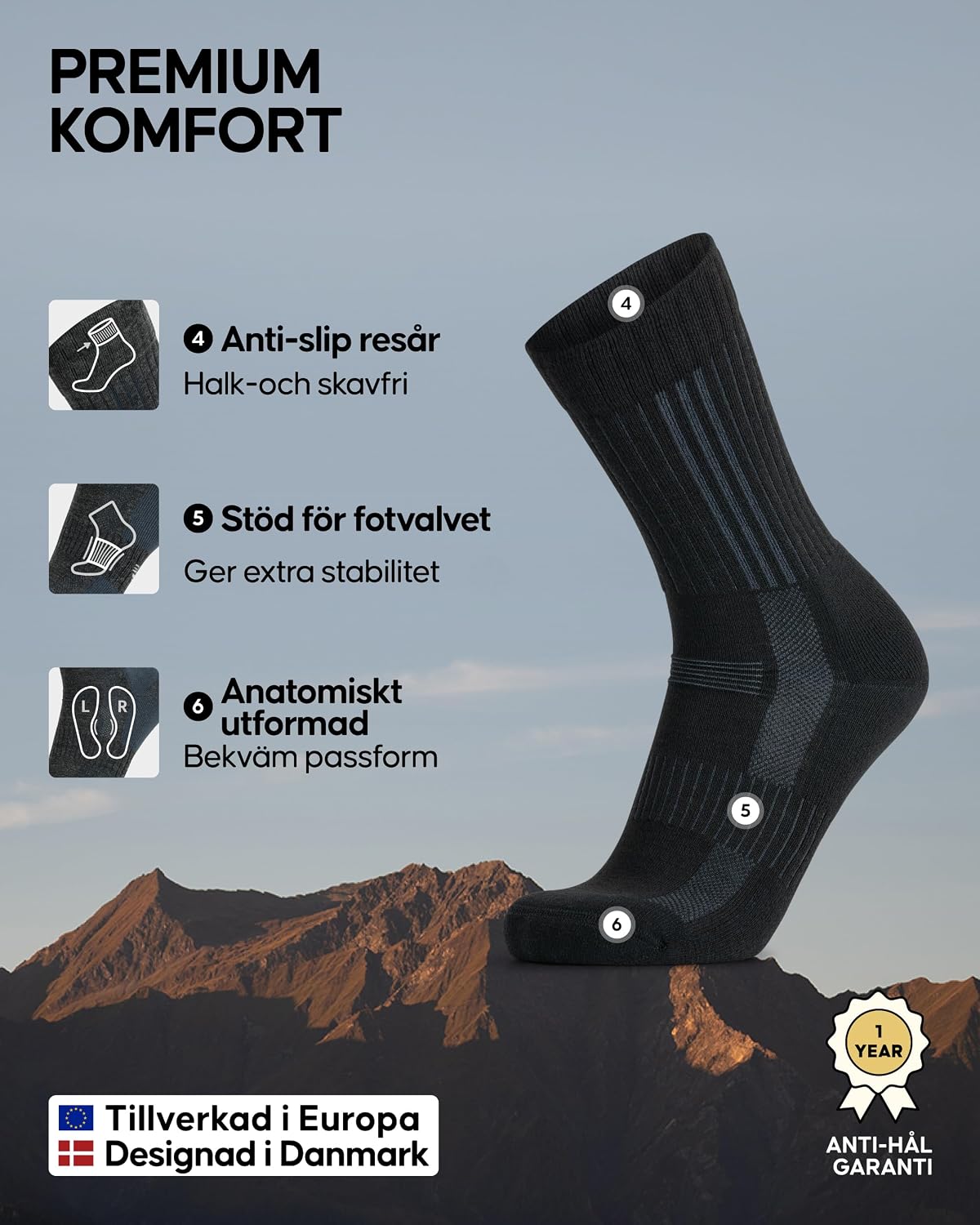 Detalle de DANISH ENDURANCE vandringsstrumpor i merinoull, 2-pack med mjuk dämpning