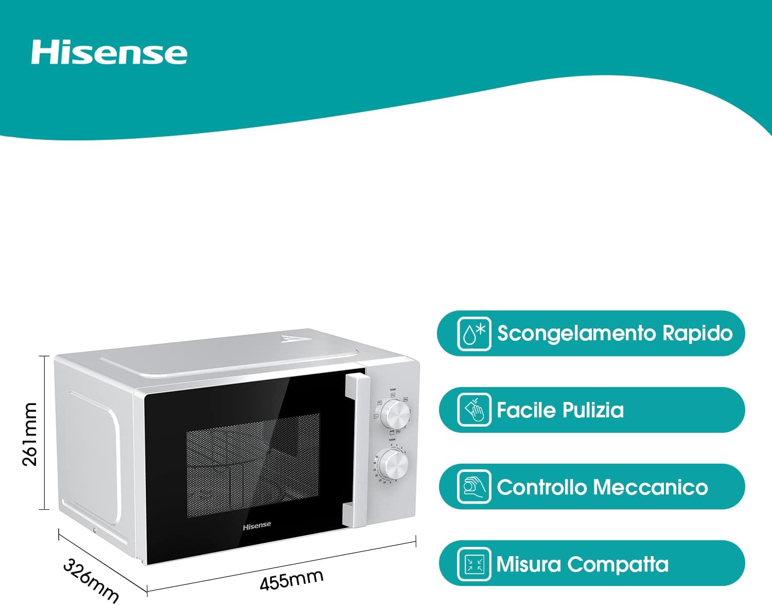 Detalle 2 de HiSense Forno a microonde H20MOWP1HG con funzione grill e controllo meccanico – 20 L, 700 W, Bianco
