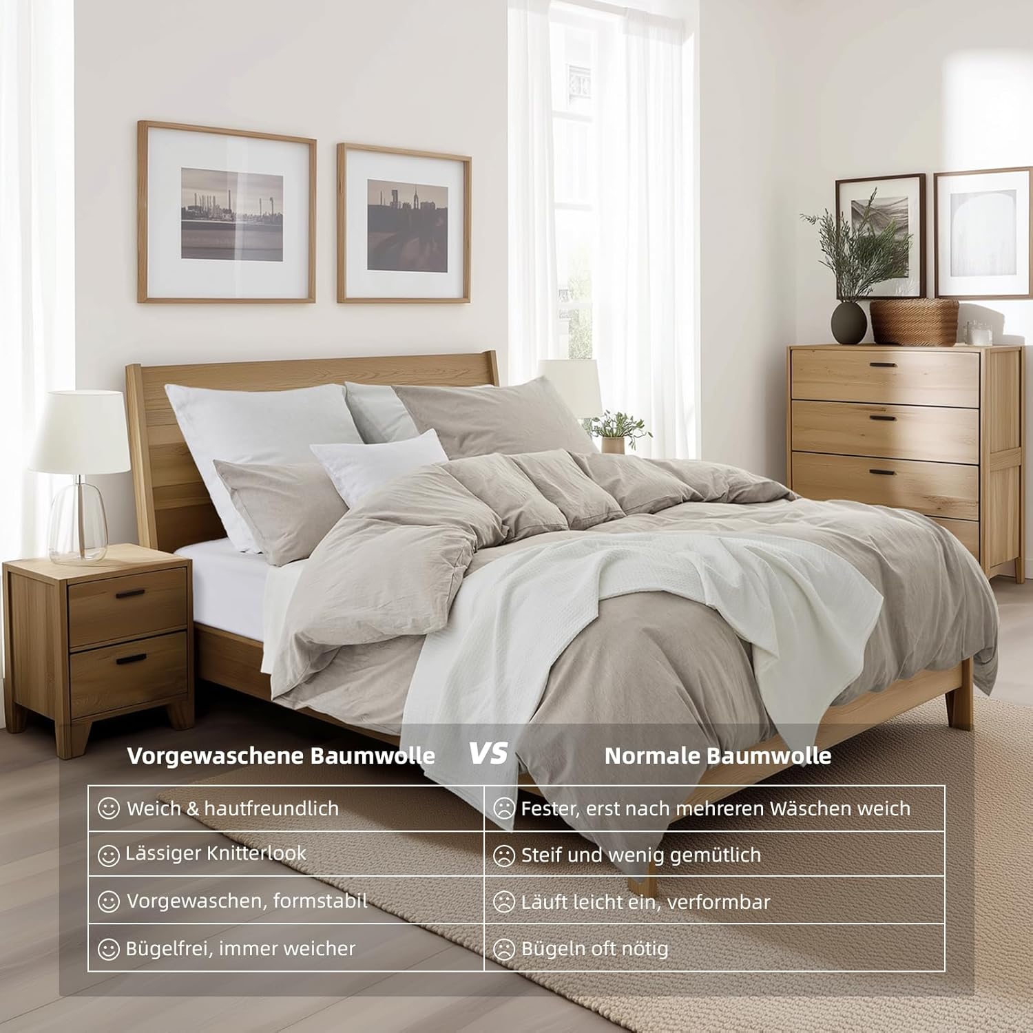Thumbnail 6 de DuvetNova Bettwäsche 200x200 Baumwolle – 3-teilig, Leinen-Optik, Beige